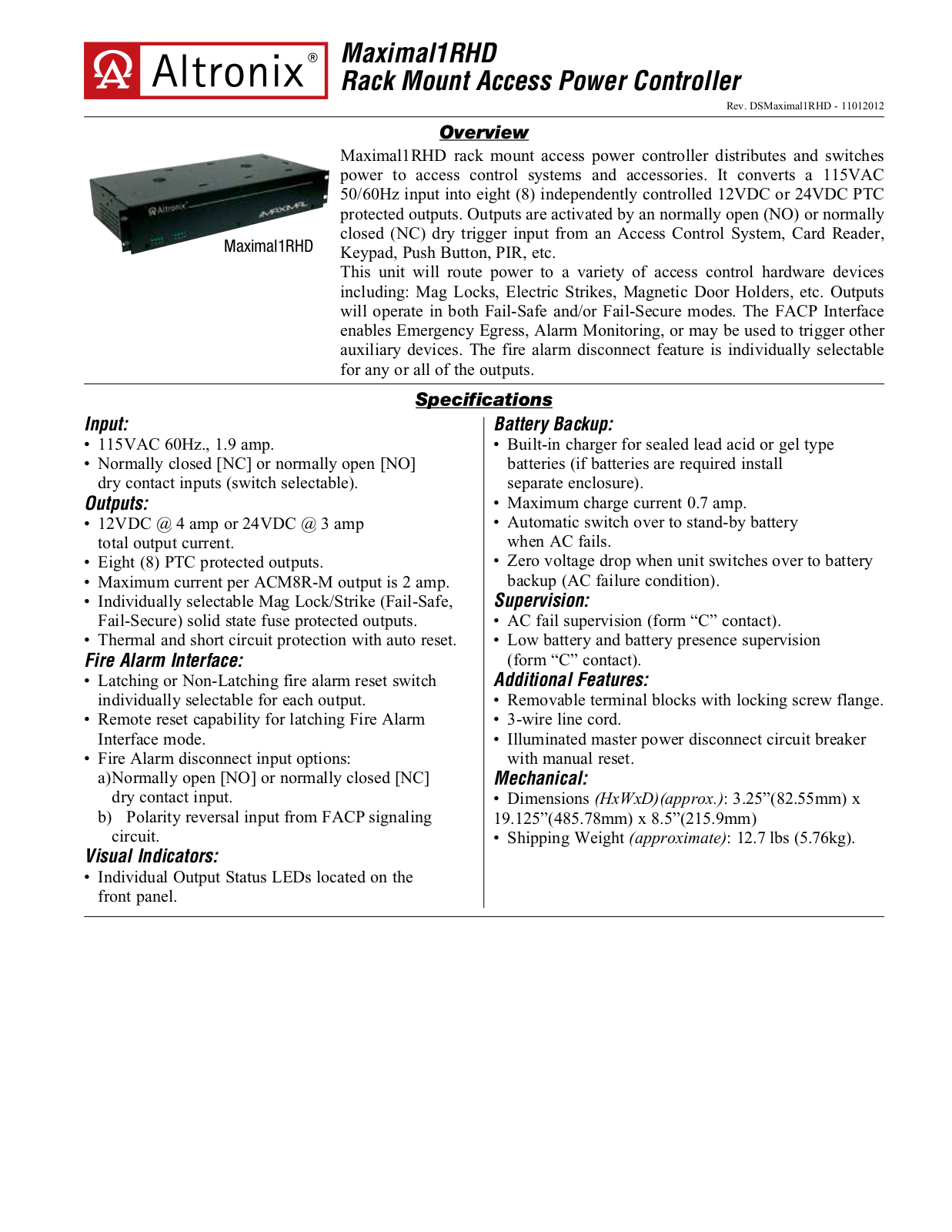 Altronix MAXIMAL1RHD Specsheet