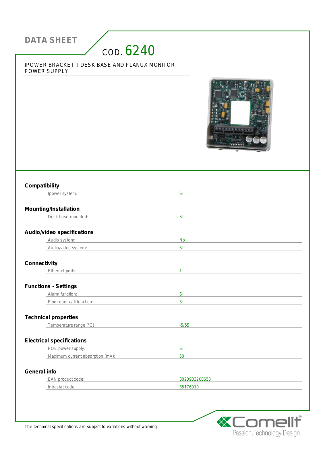 Comelit 6240 Specsheet