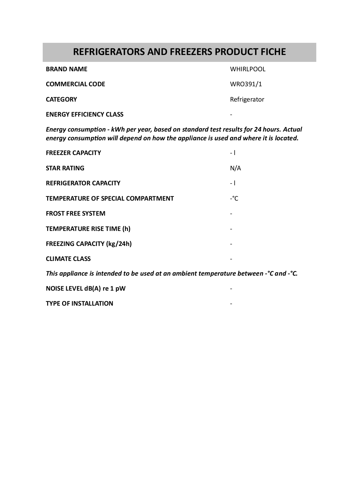 Whirlpool WRO391/1 Product datasheet