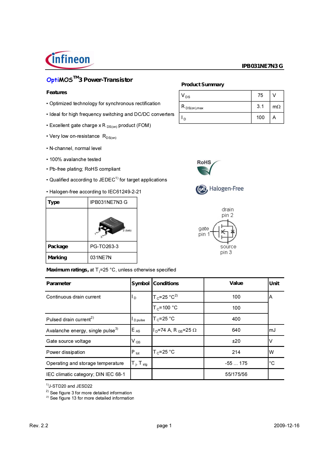 Datasheet ipb031ne7n3_rev2.2 Datasheet - ManualMachine.com