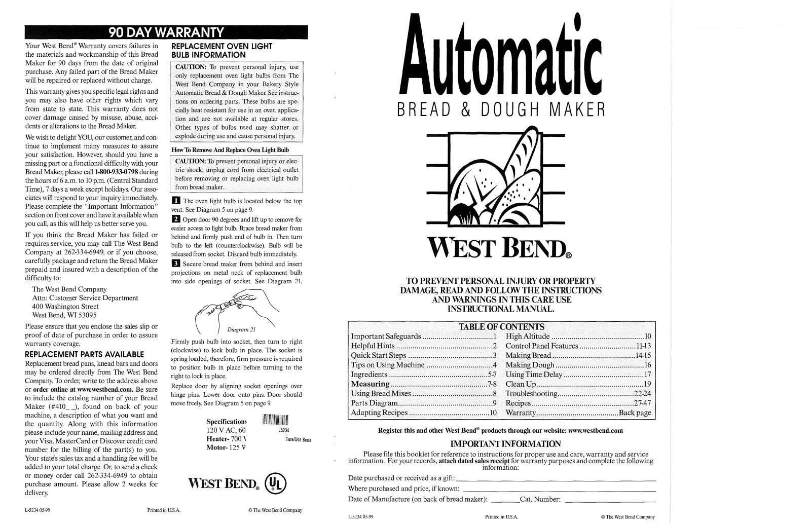 West Bend L5234 41099 Instruction Manual