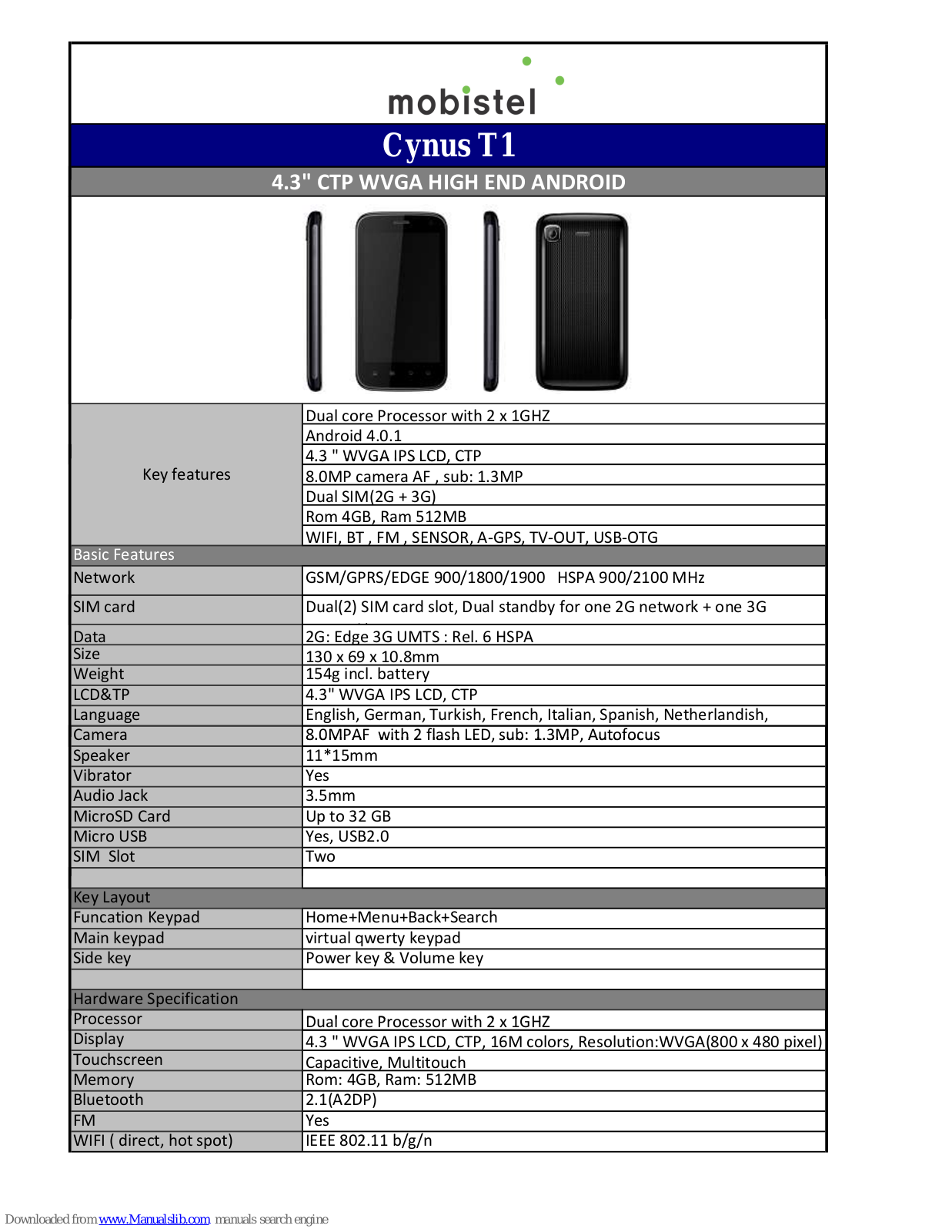 Mobistel Cynus T1 Specifications