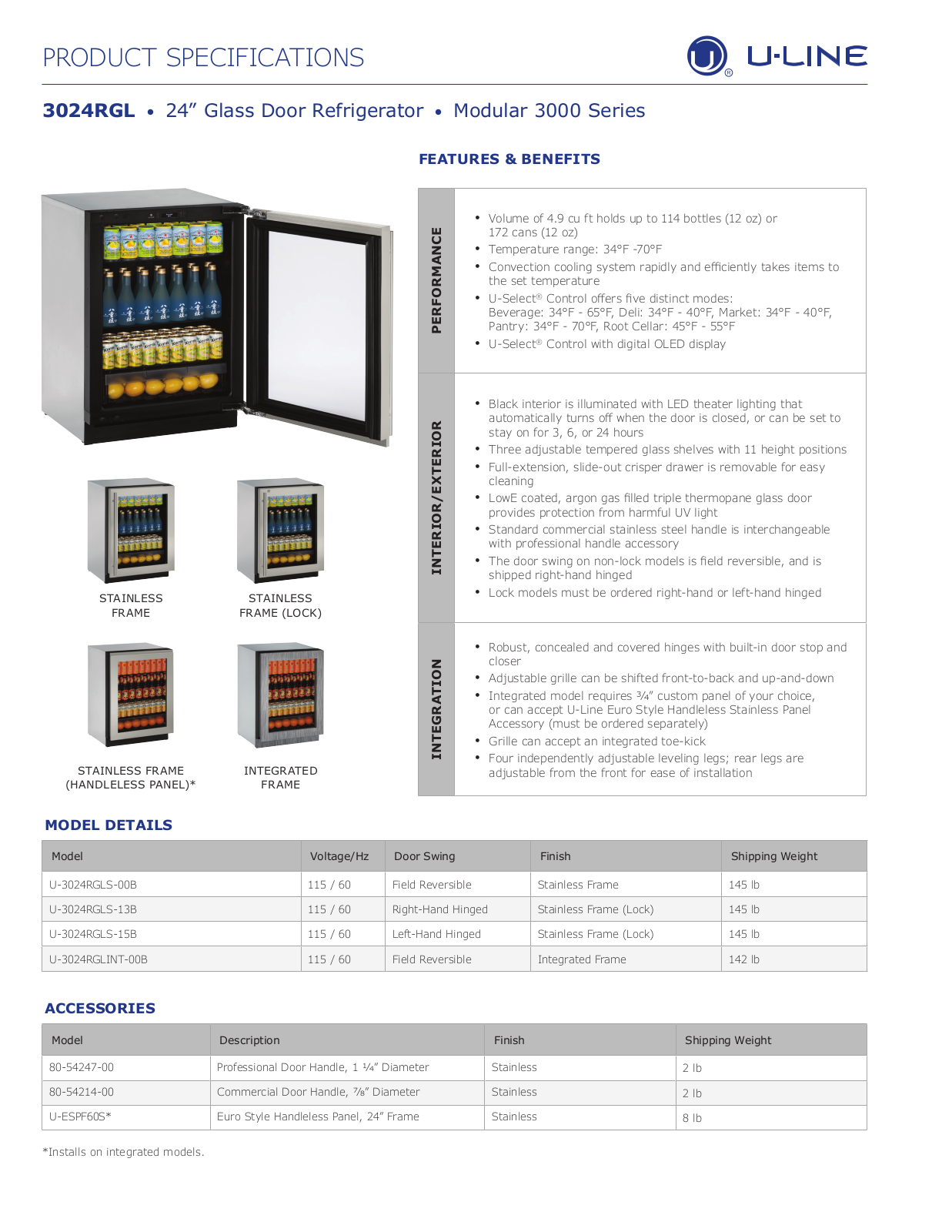 U-Line U3024RGLINT00B, U3024RGLS15B, U3024RGLS00B, U3024RGLS13B Specifications