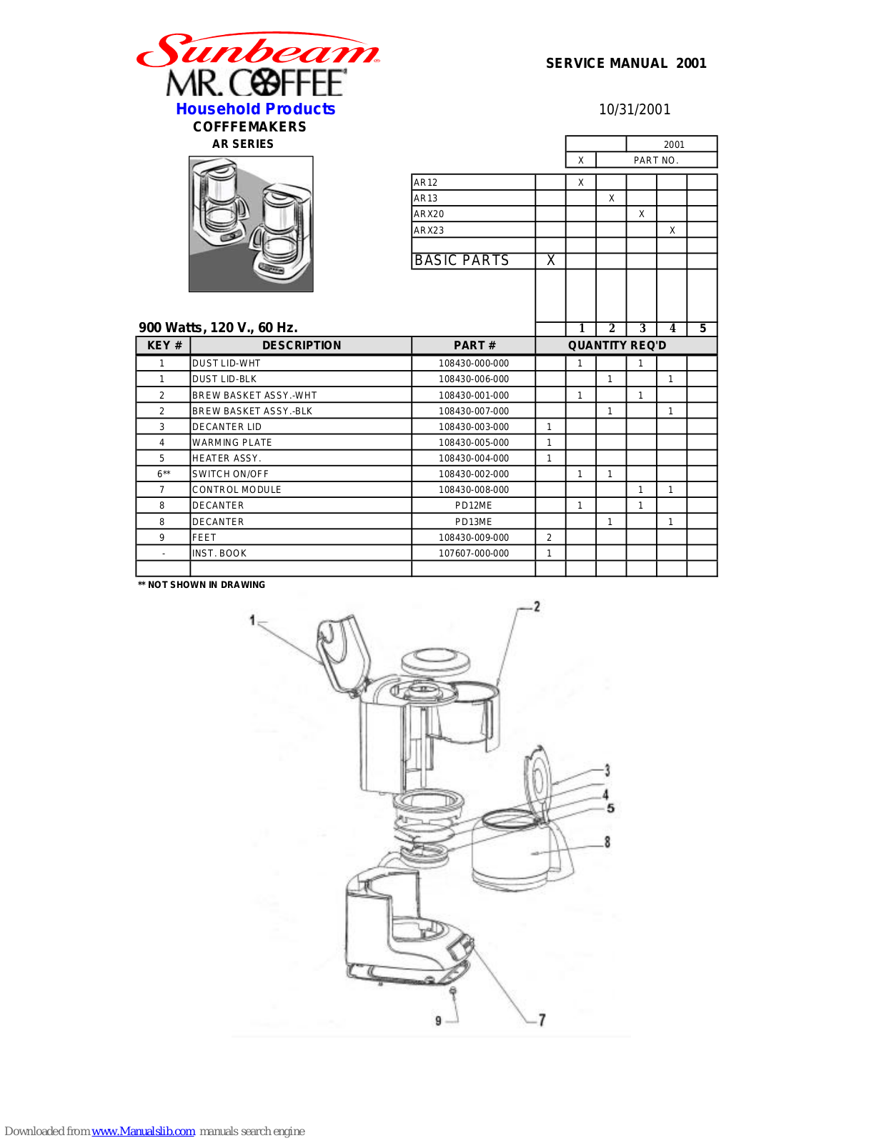 Sunbeam MR.Coffee ARX23, MR.Coffee ARX20, MR.Coffee AR13, MR.Coffee AR12 Service Manual