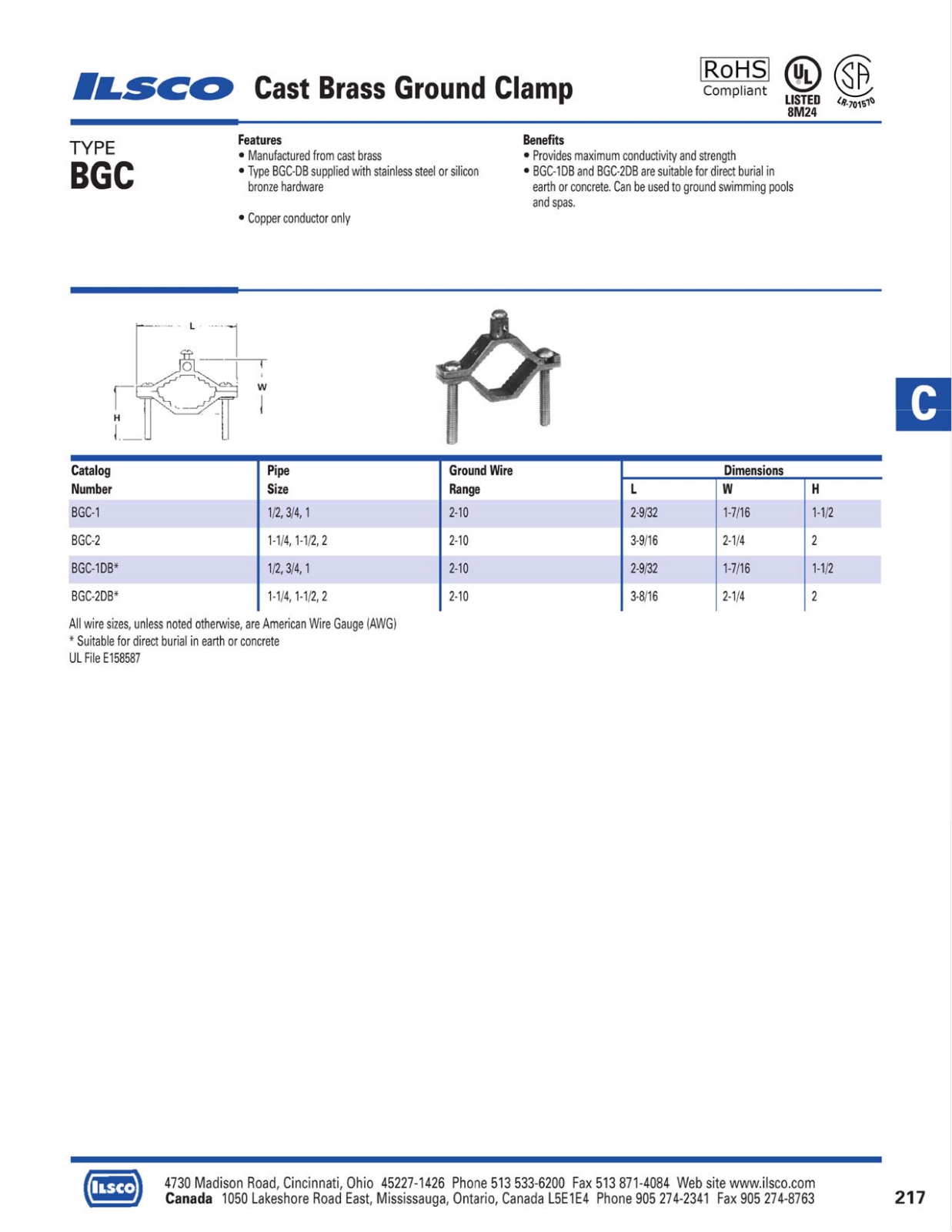 Ilsco Cast Brass Ground Clamps Catalog Page