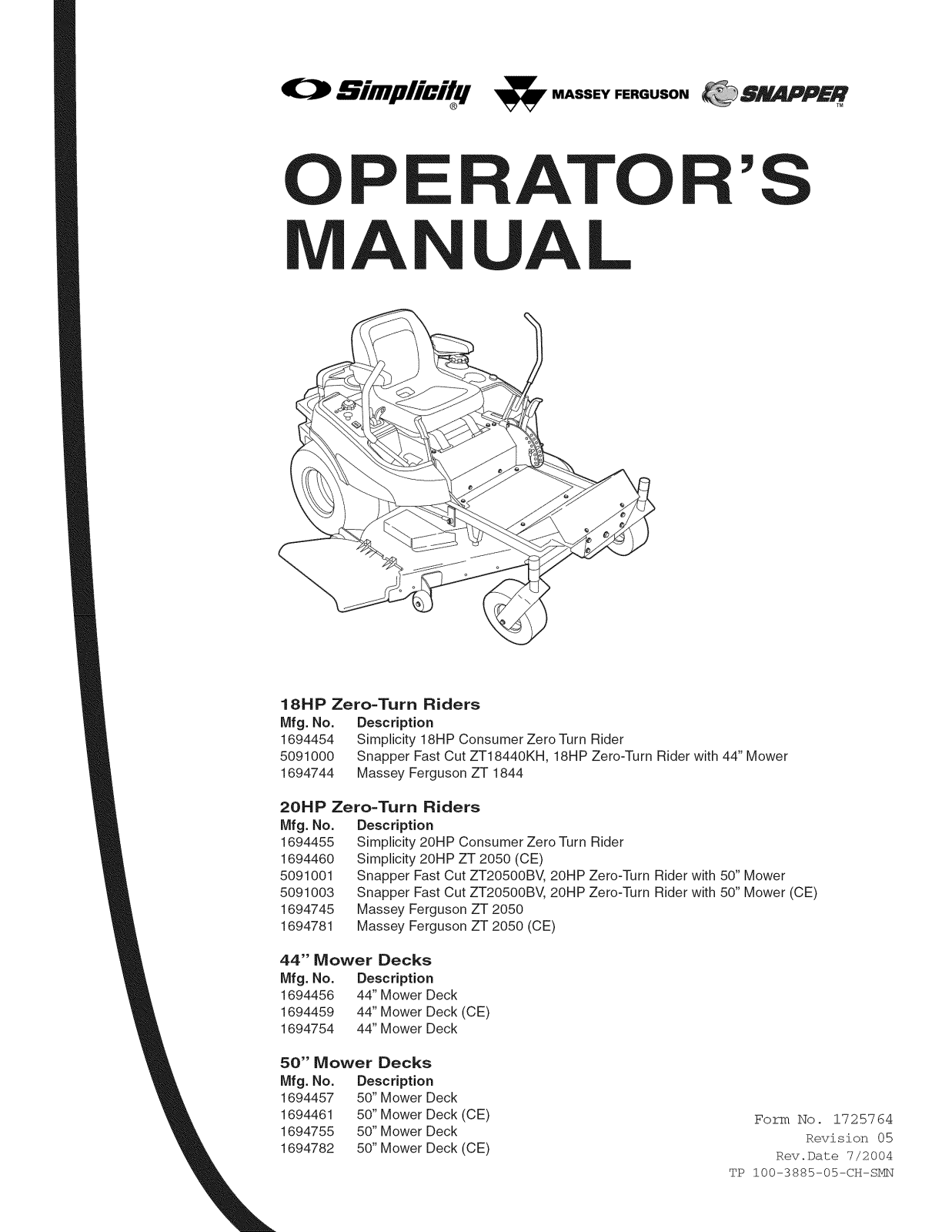 Snapper ZT20500BV, ZT18440KH Owner’s Manual