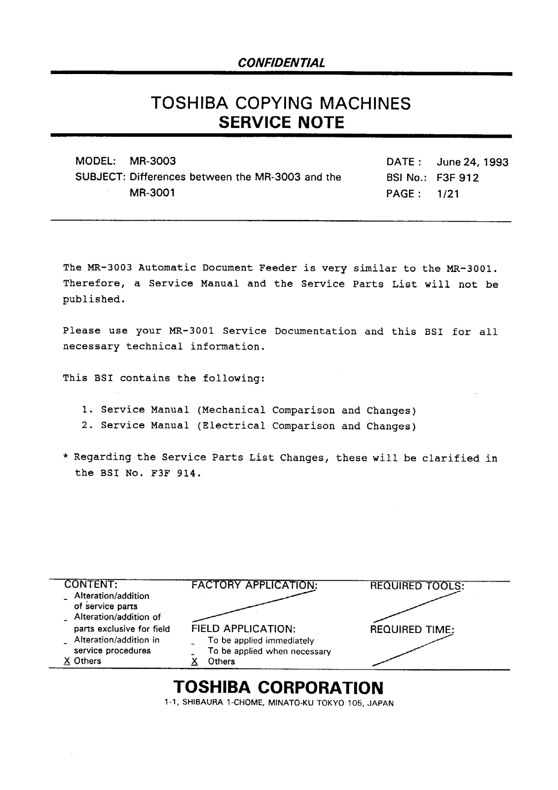 Toshiba f3f912 Service Note