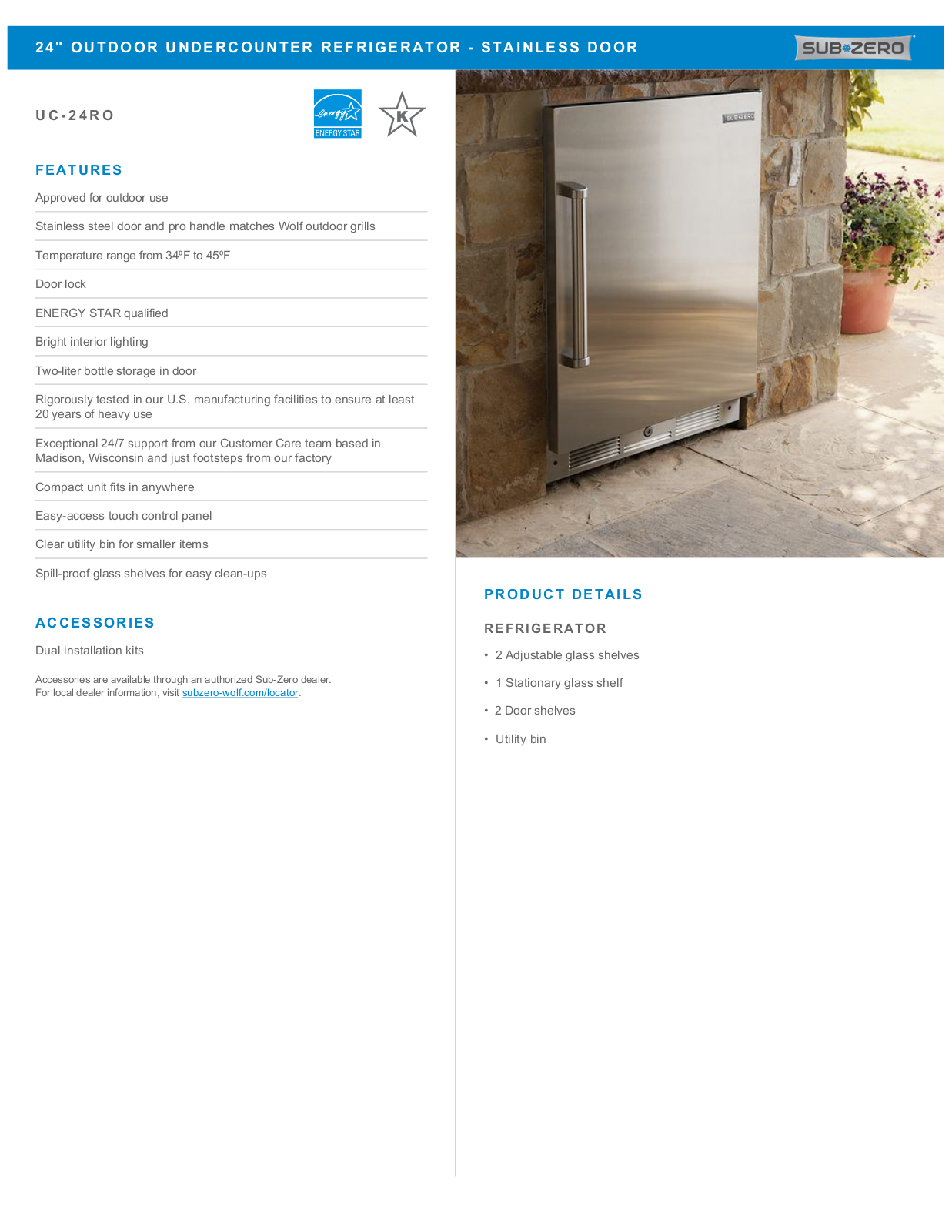 Sub-Zero UC24ROPHLH Specification Sheet