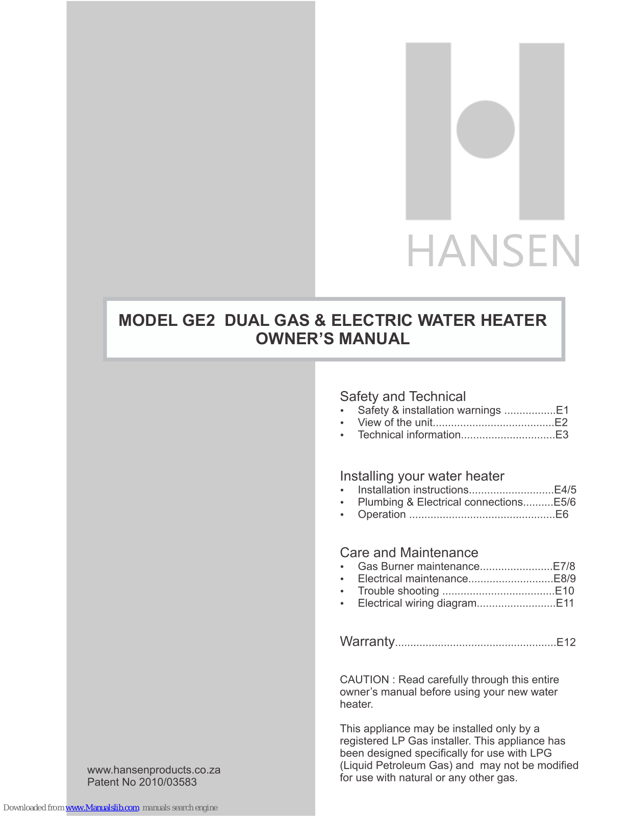 Hansen GE2 Owner's Manual