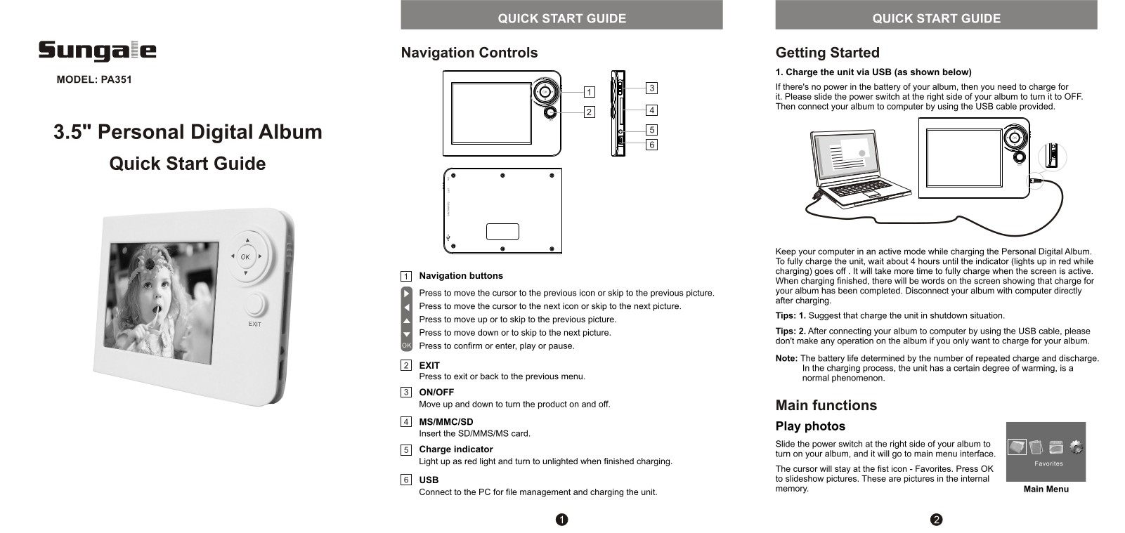 Sungale PA351 Quick Start Guide