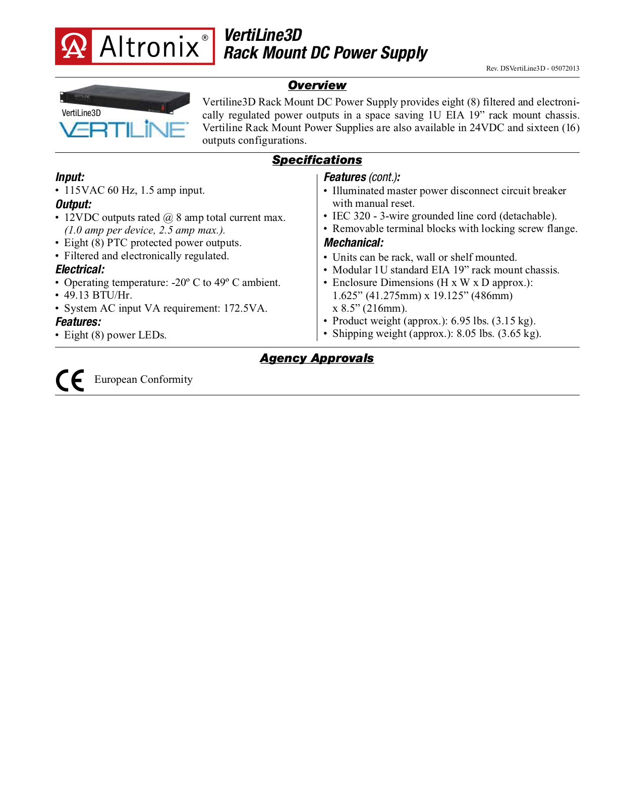 Altronix VertiLine3D Data Sheet - ManualMachine.com