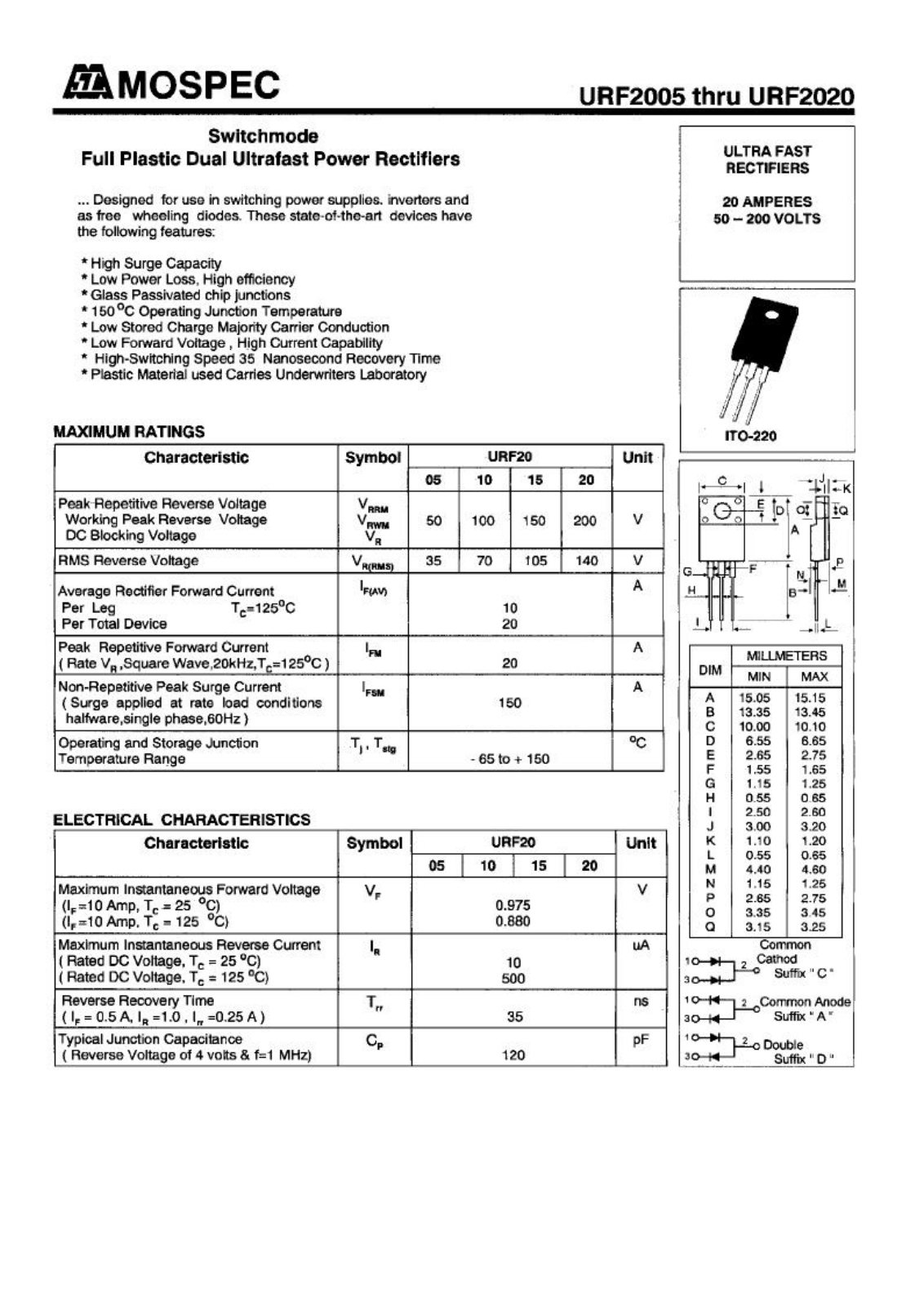 MOSPEC URF2005D, URF2005C, URF2005A, URF2020D, URF2020C Datasheet