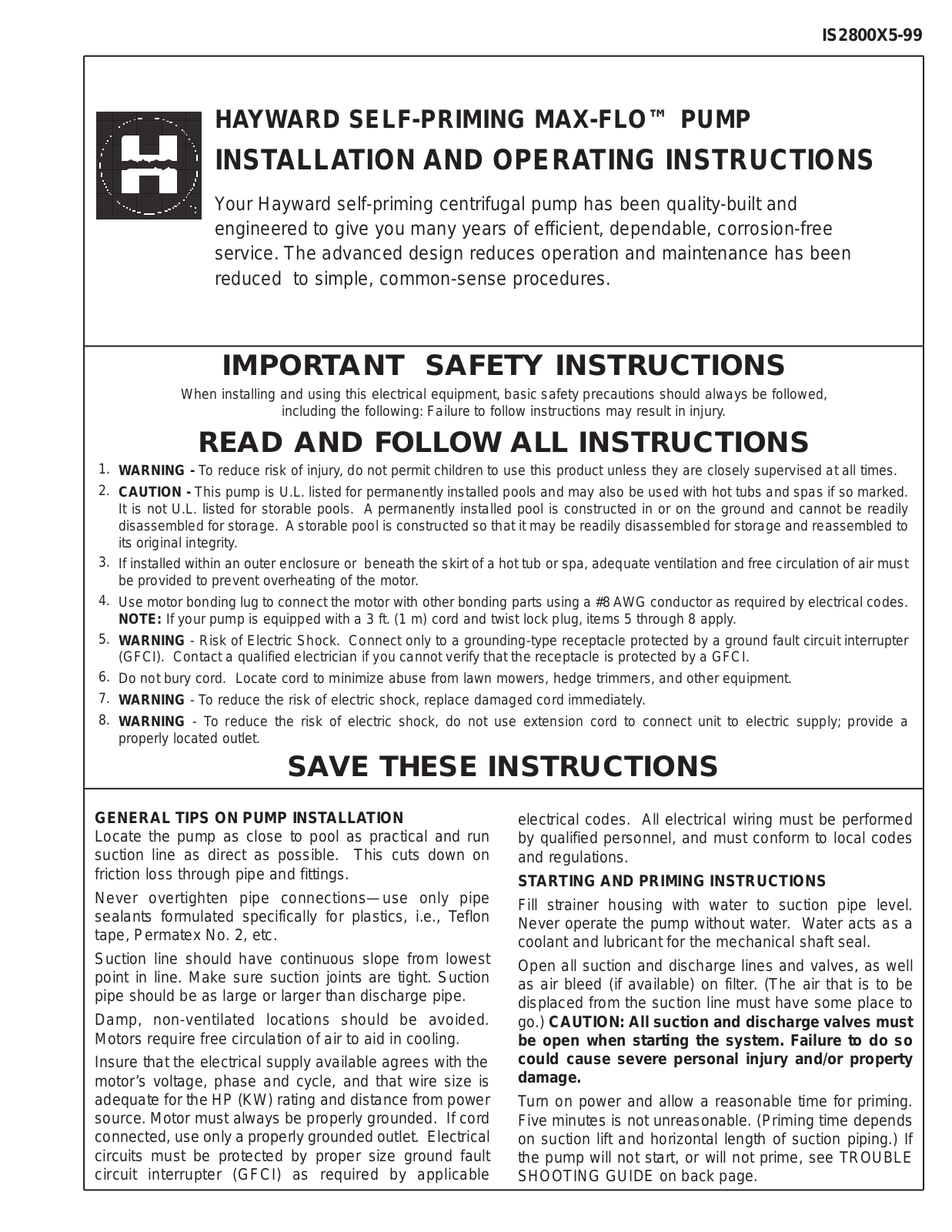 HAYWARD SELF-PRIMING MAX-FLO PUMP installation Guide