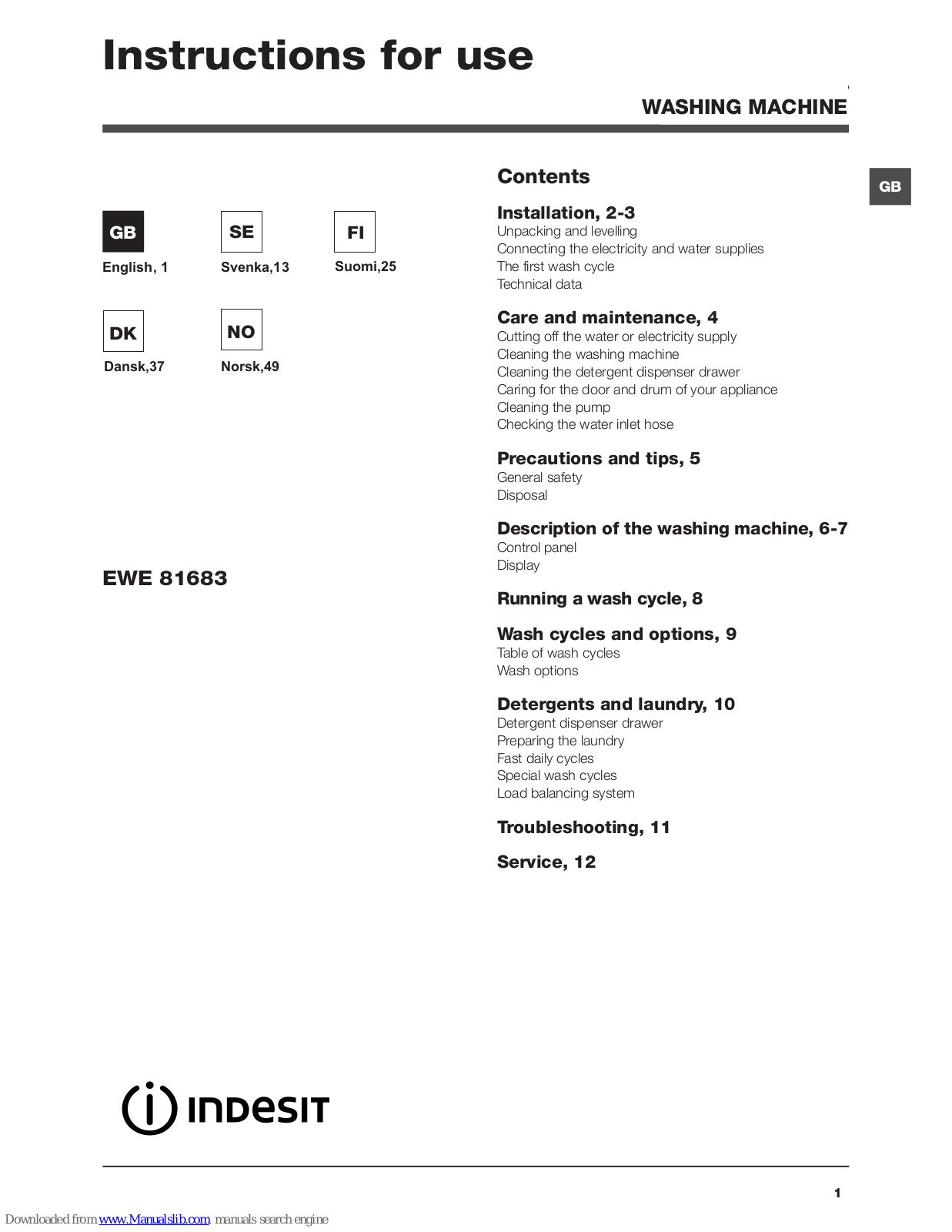 Indesit EWE 81683 Instructions For Use Manual