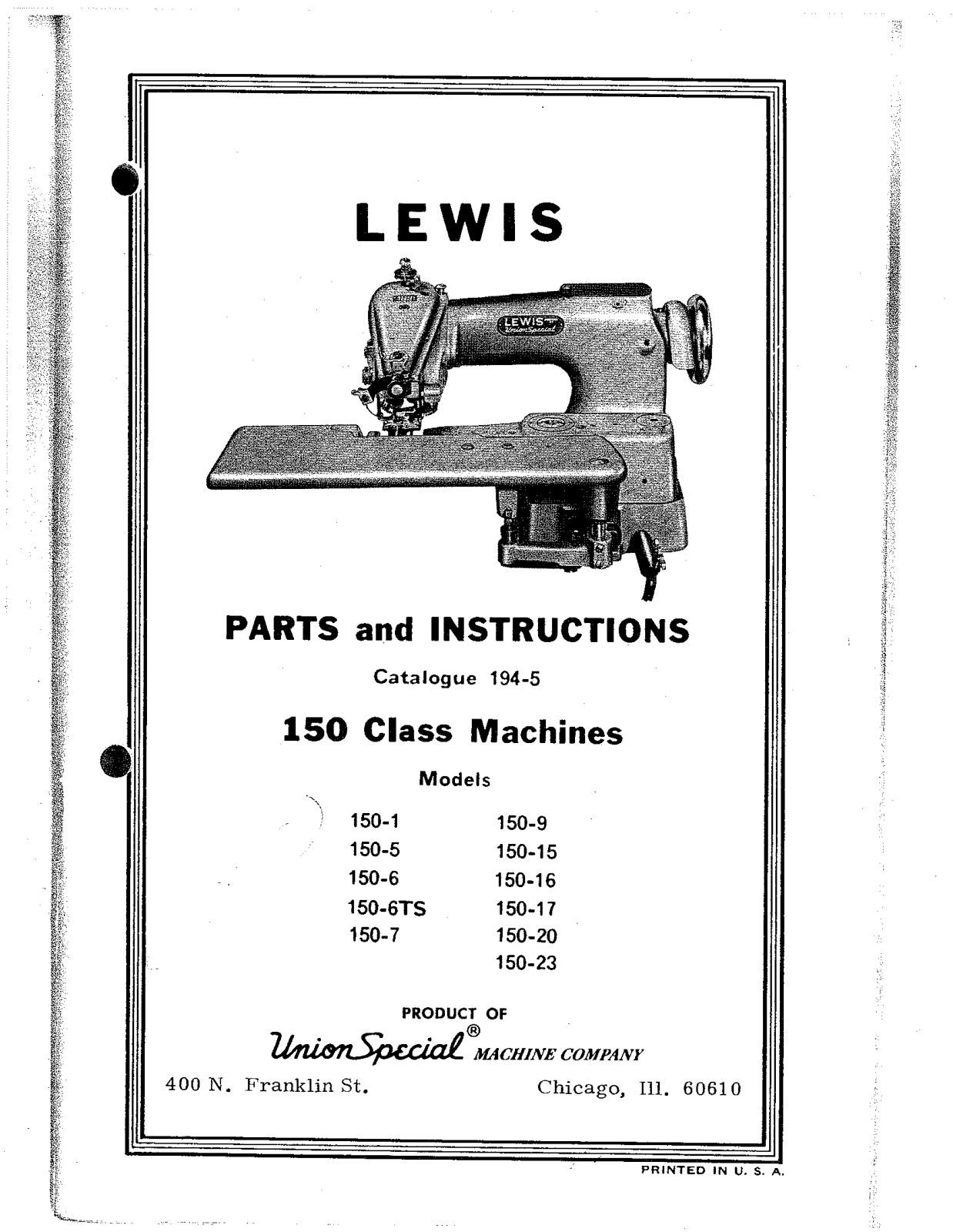 Union Special 150-1, 150-15, 150-16, 150-17, 150-20 Parts List