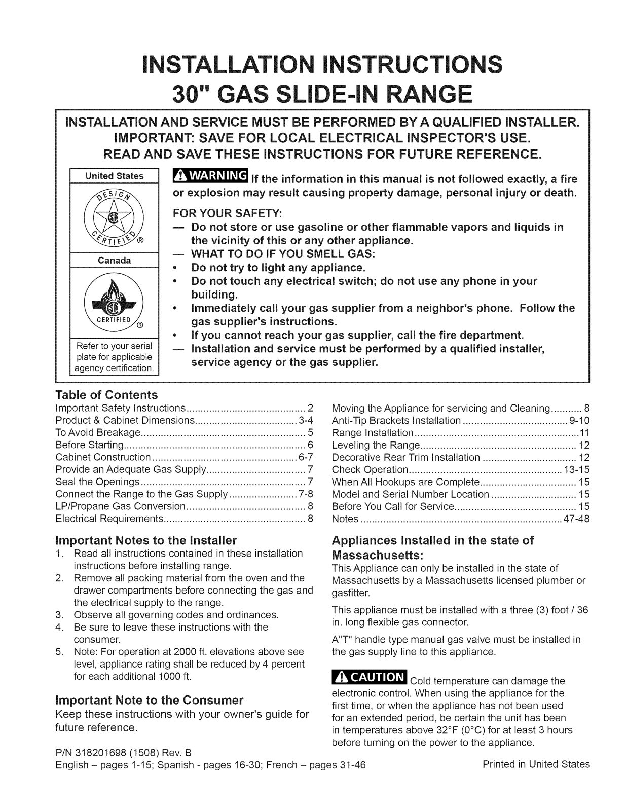 Electrolux EW30GS80RSA Installation Guide