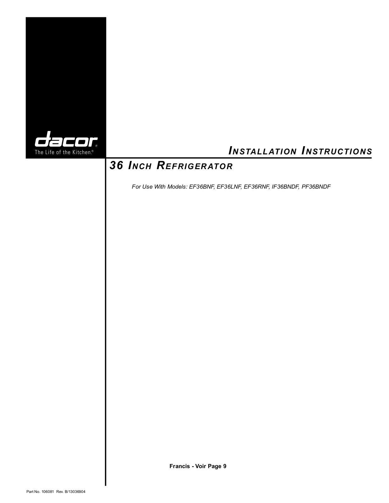 Dacor PF36BNDF, EF36LNF, EF36BNF, IF36BNDF, EF36RNF User Manual