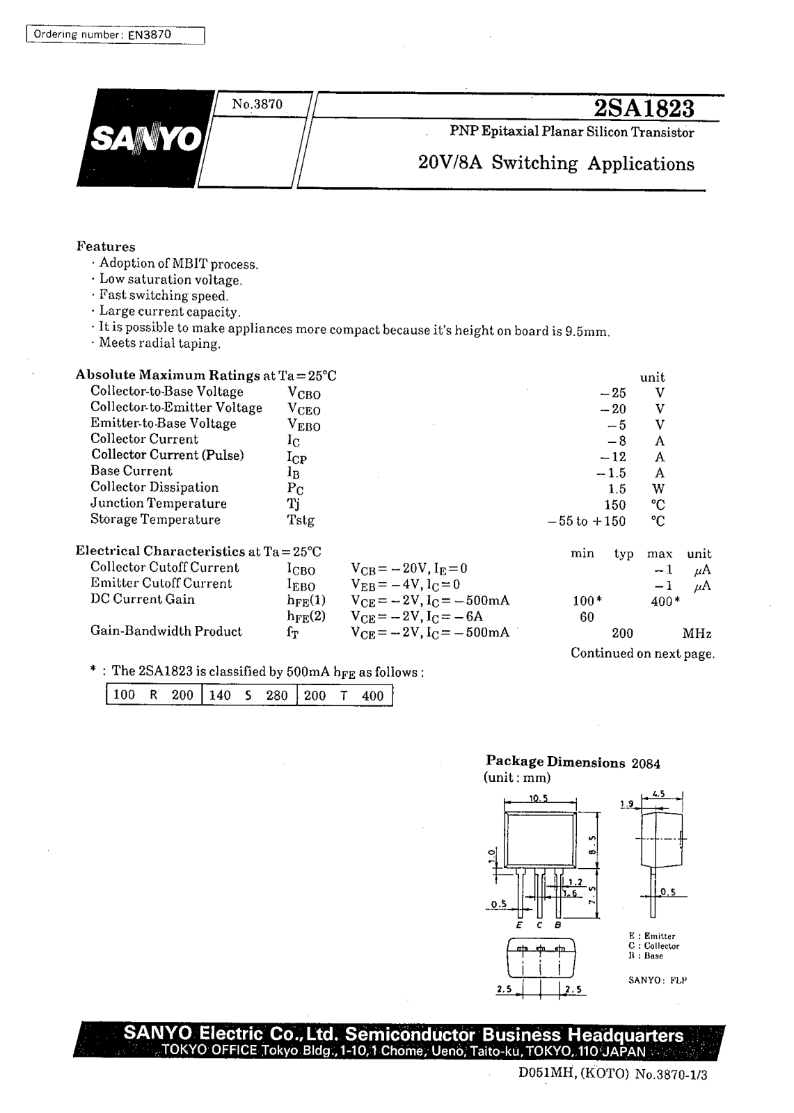 SANYO 2SA1823 Datasheet