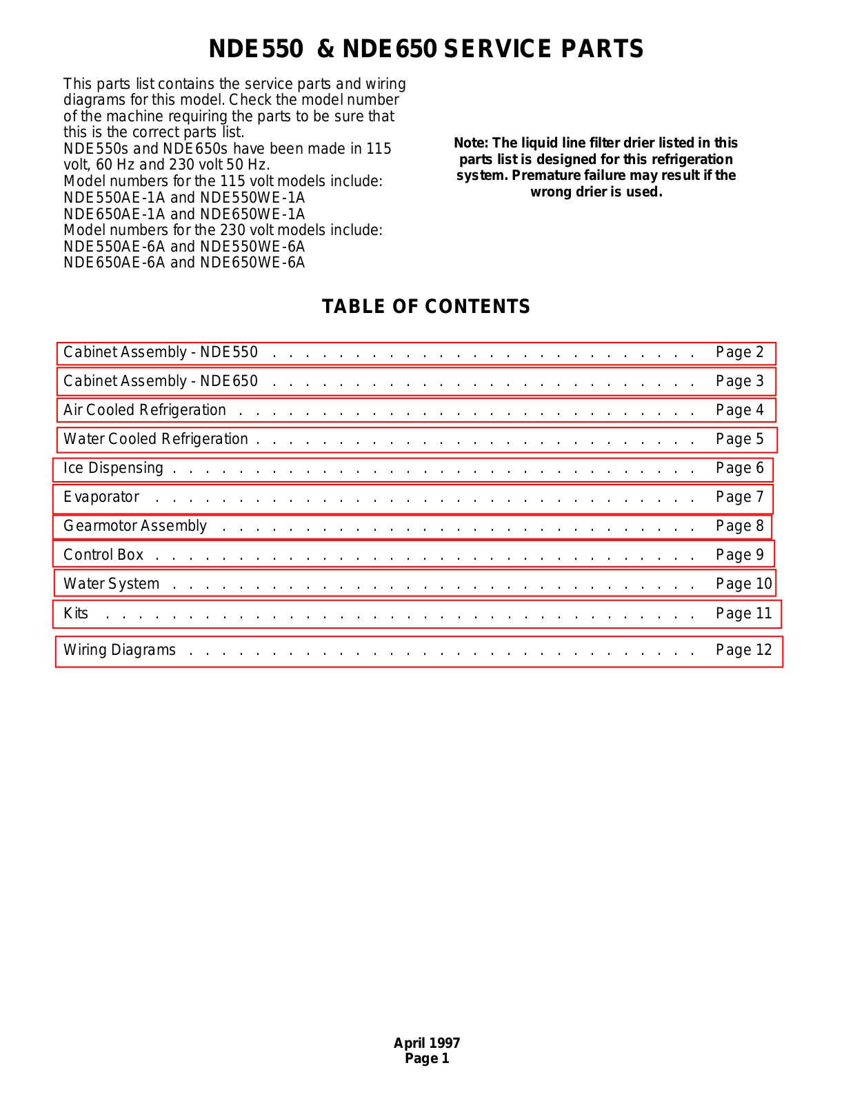 Scotsman Ice Machine NDE550AE-1A Parts List