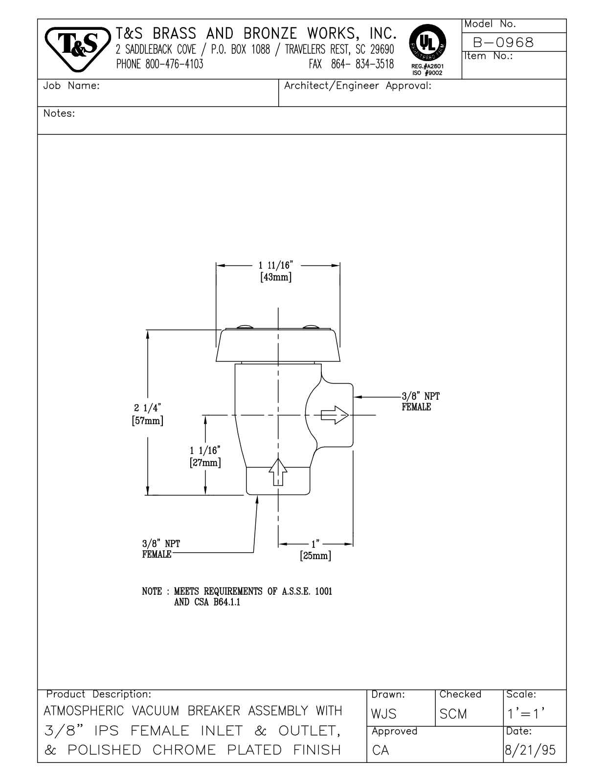 T & S Brass & Bronze Works B-0968 General Manual