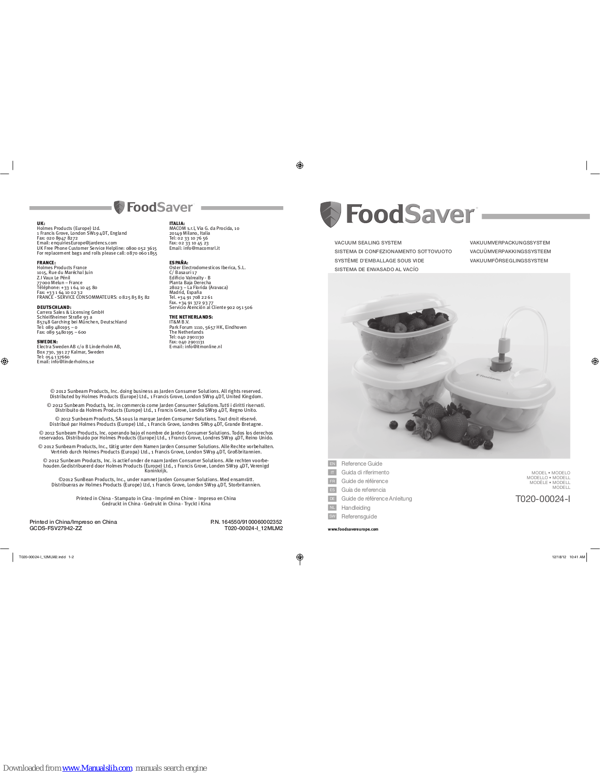 FoodSaver T020-00024-I Reference Manual