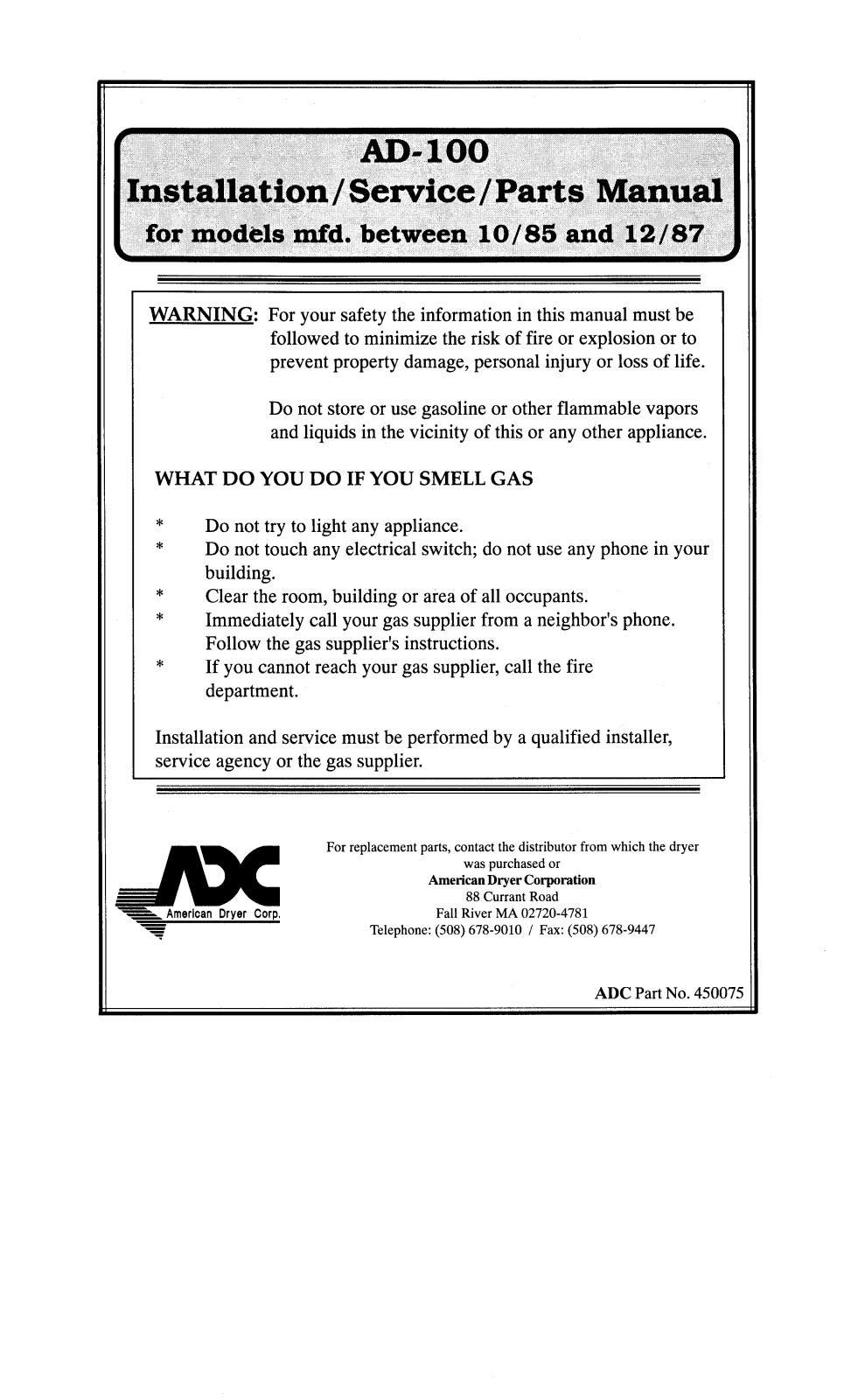 American Dryer Corp AD-100 User Manual