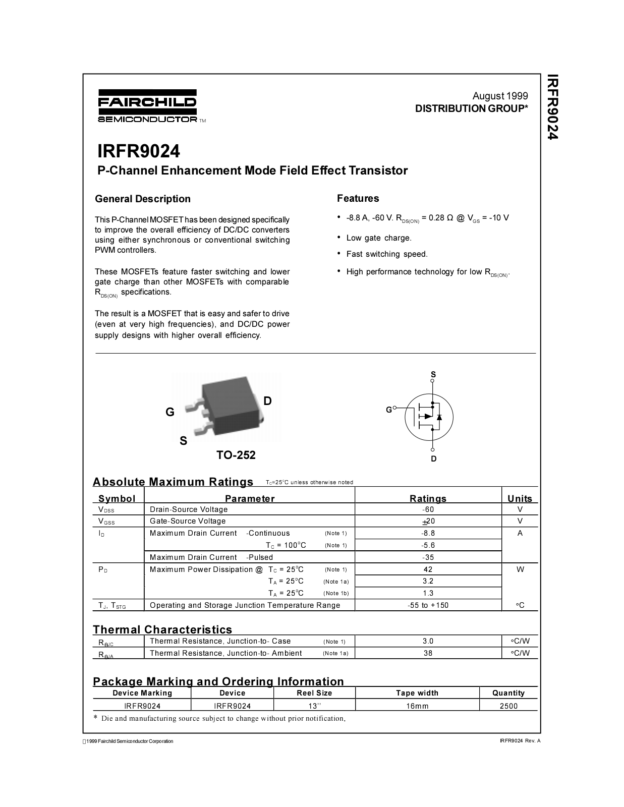 Fairchild Semiconductor IRFR9024 Datasheet