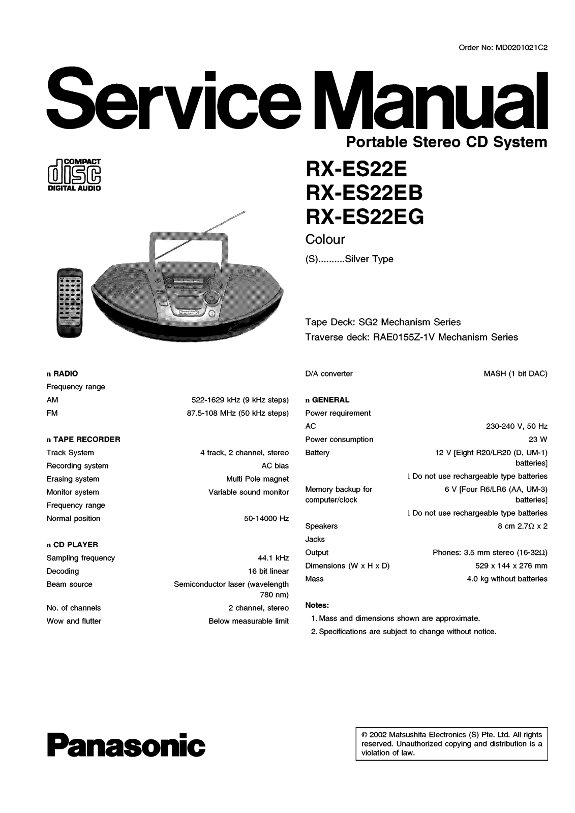 Panasonic RXES-22-E, RXES-22-EB, RXES-22-EG Service manual