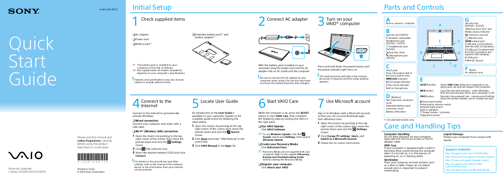 Sony VAIO SVS13122CXR Quick Start Guide