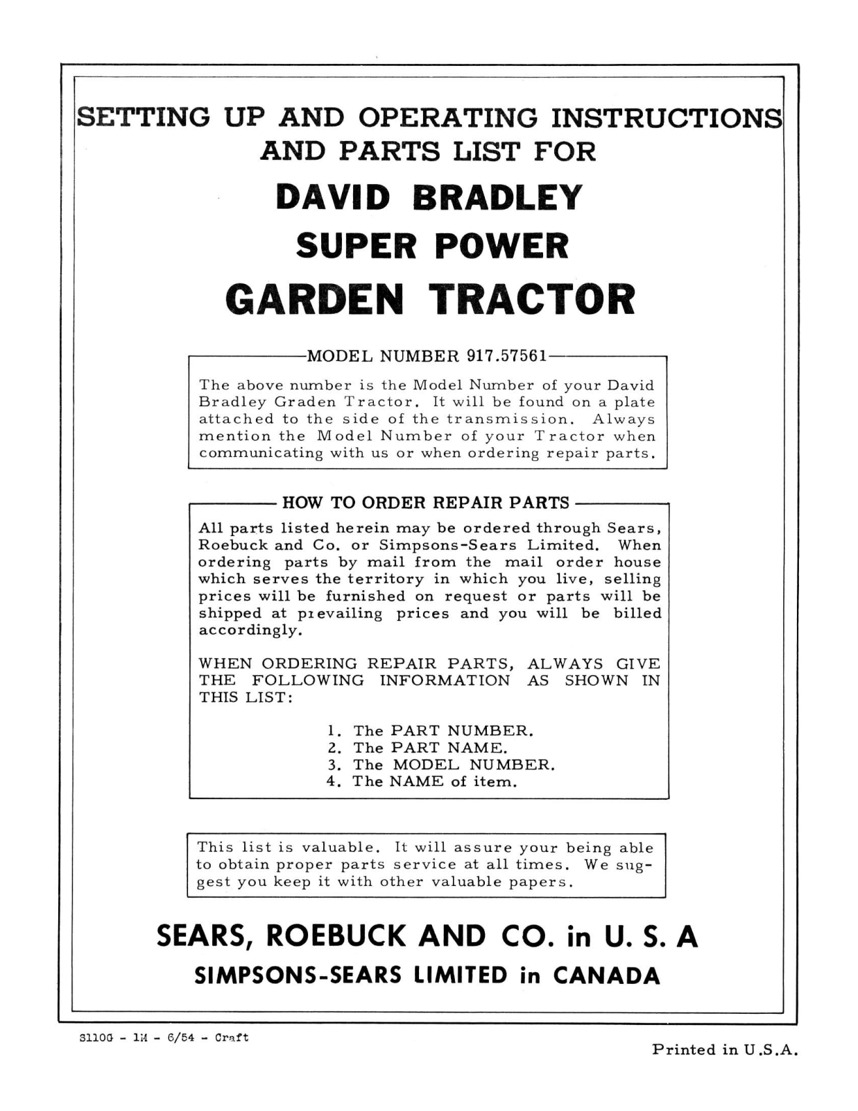 David Bradley 917.57561 Operating Instruction