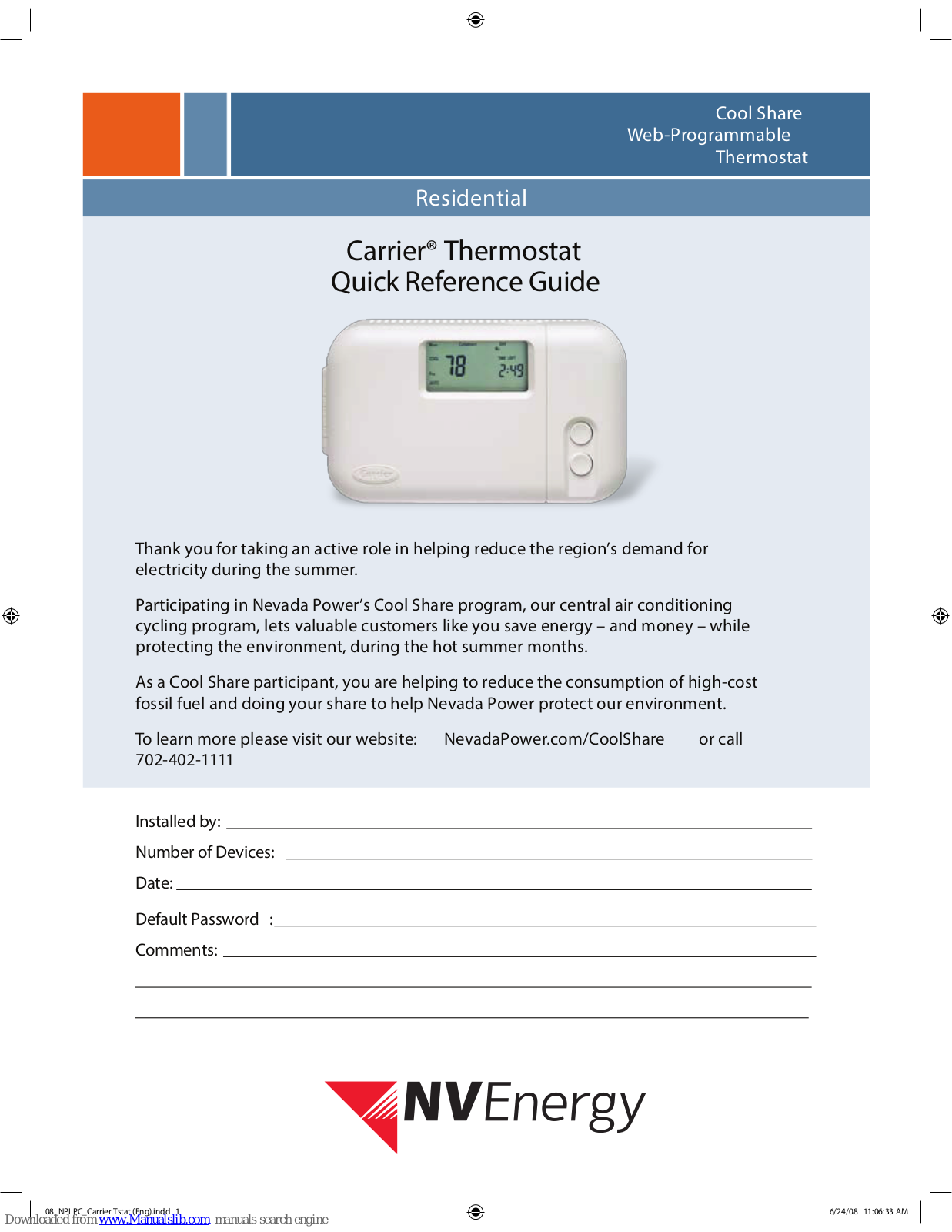 Carrier Cool Share Web-Programmable Thermostat, Cool Share Quick Reference Manual