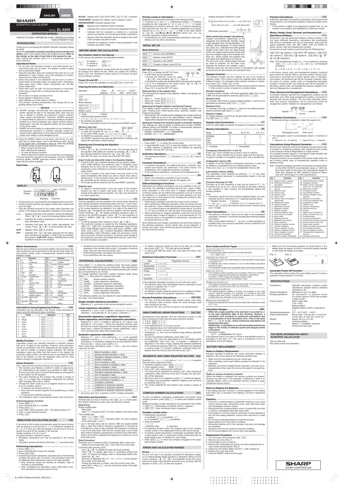 Sharp EL520XBWH User Manual