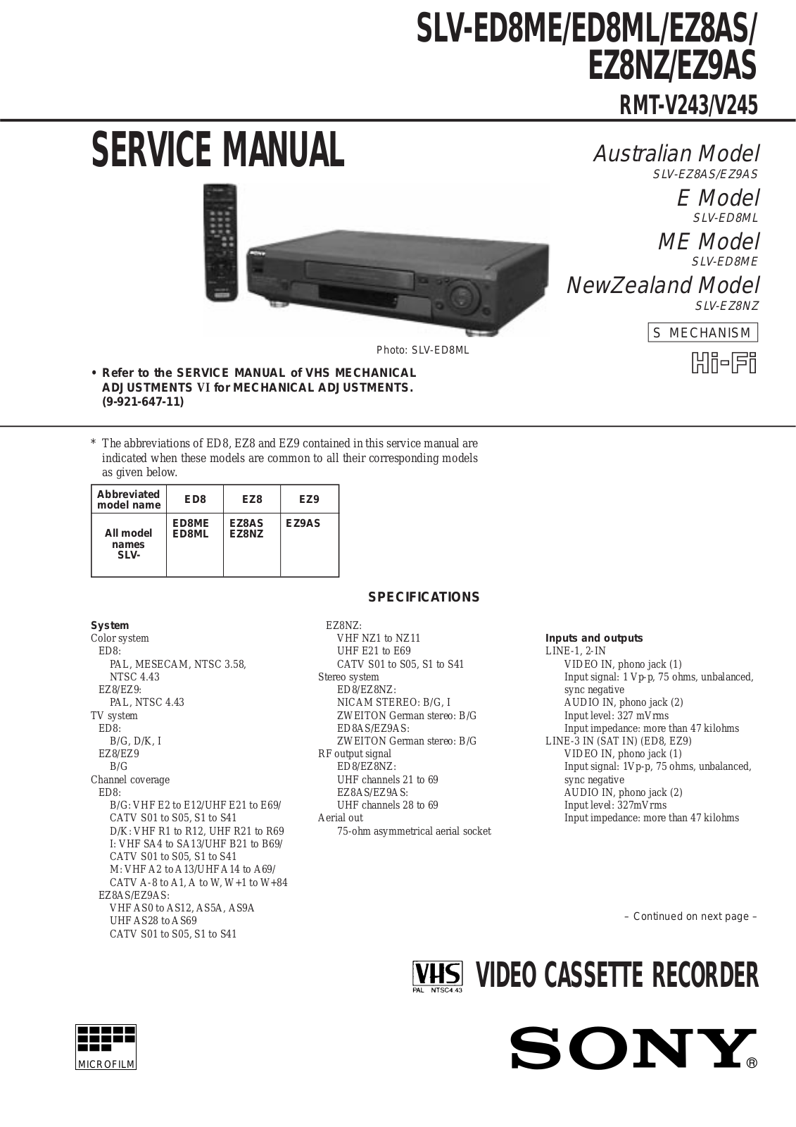 Sony SLV-ED8ME, SLV-ED8ML, SLV-EZ8AS Service Manual