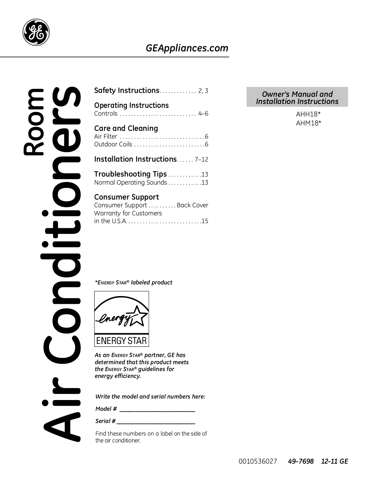 GE AHH18* Owner’s Manual & Installation Instructions