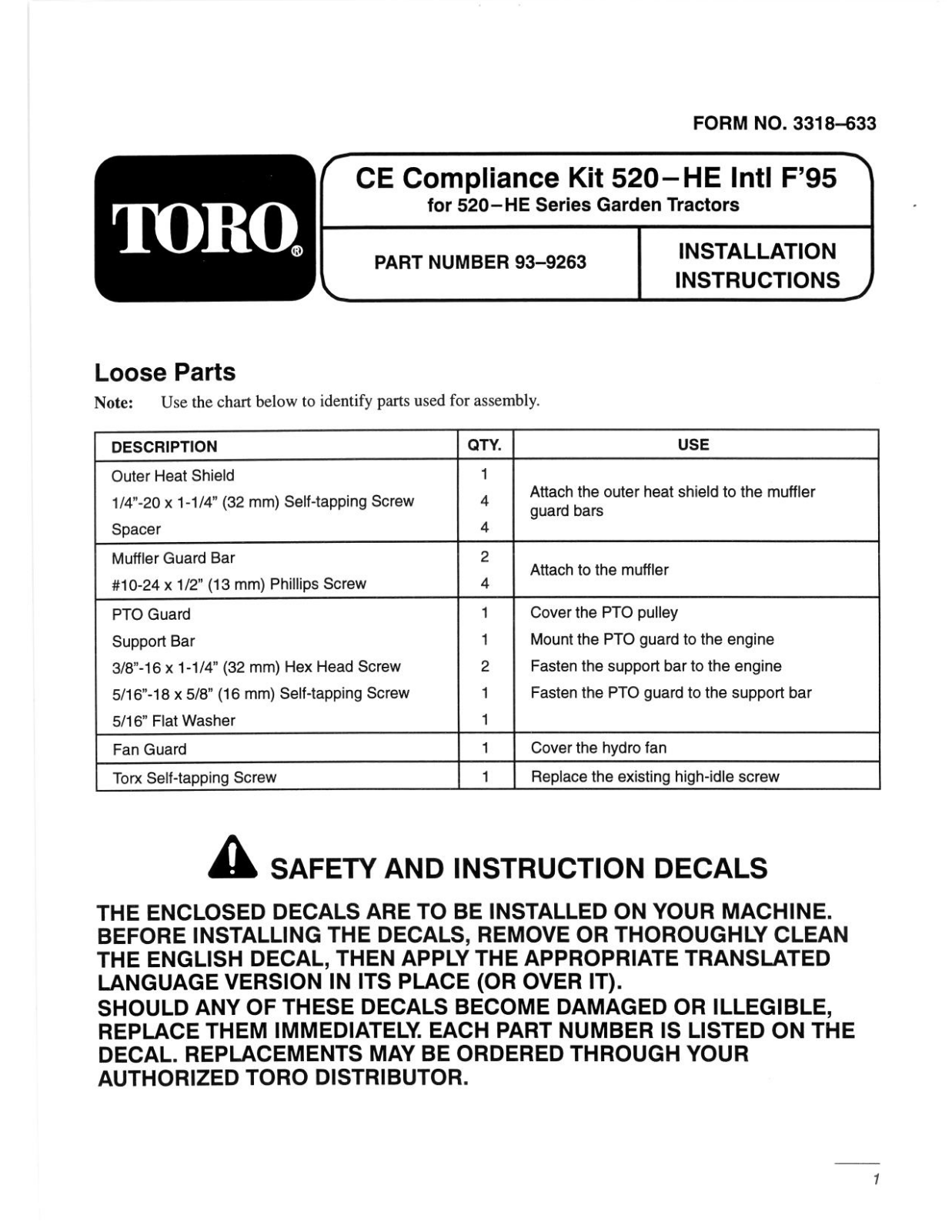 Toro 93-9263 Installation Instructions