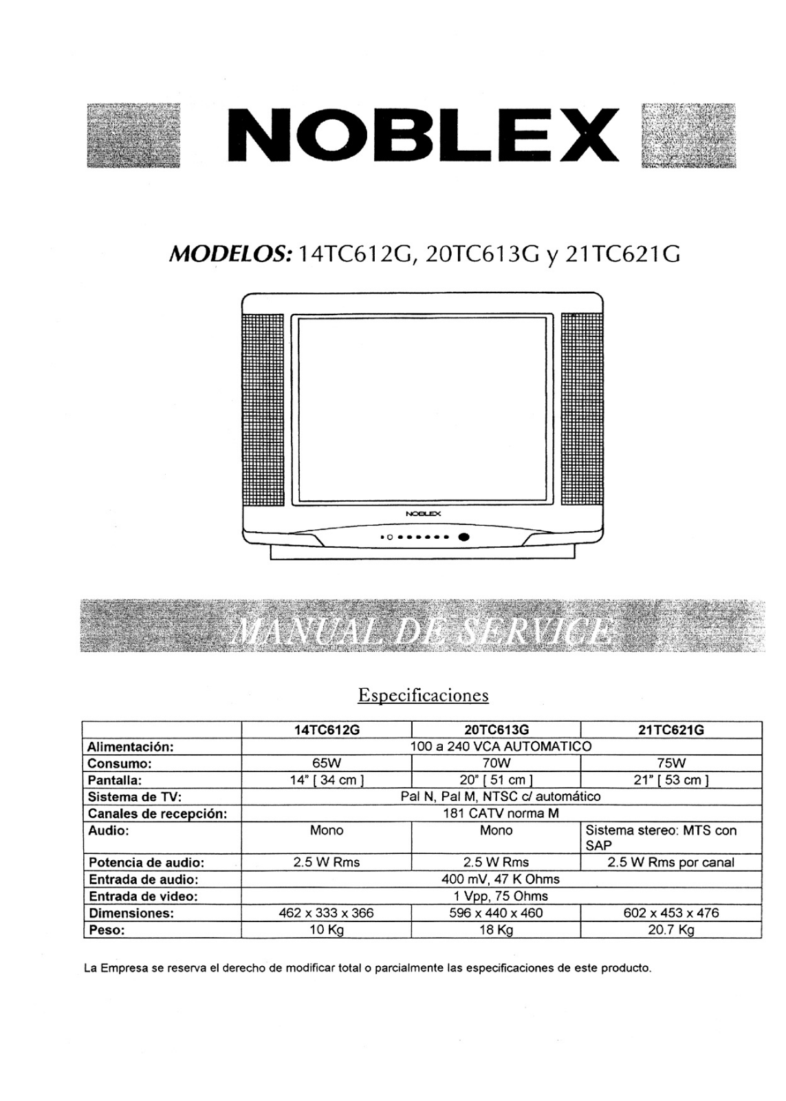 NOBLEX 20TC613G, 21TC621G Service Manual