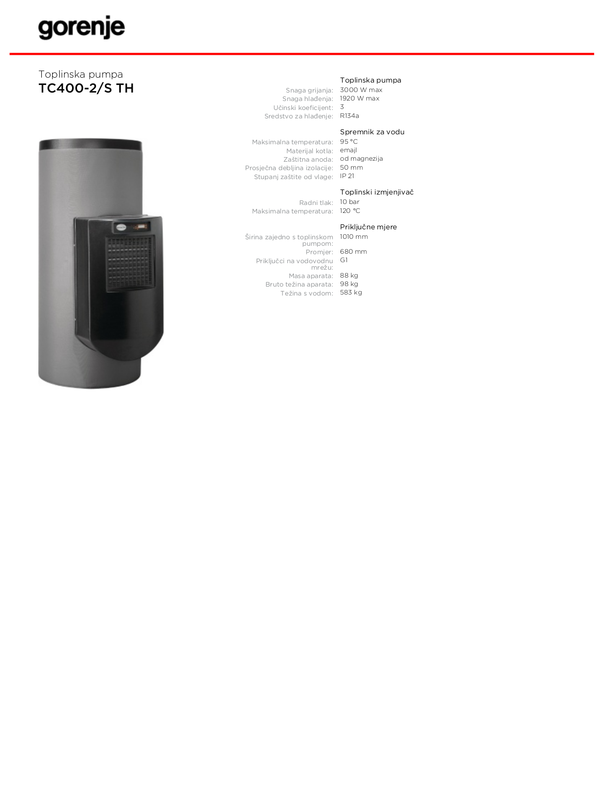 Gorenje TC400-2-S TH DATASHEET