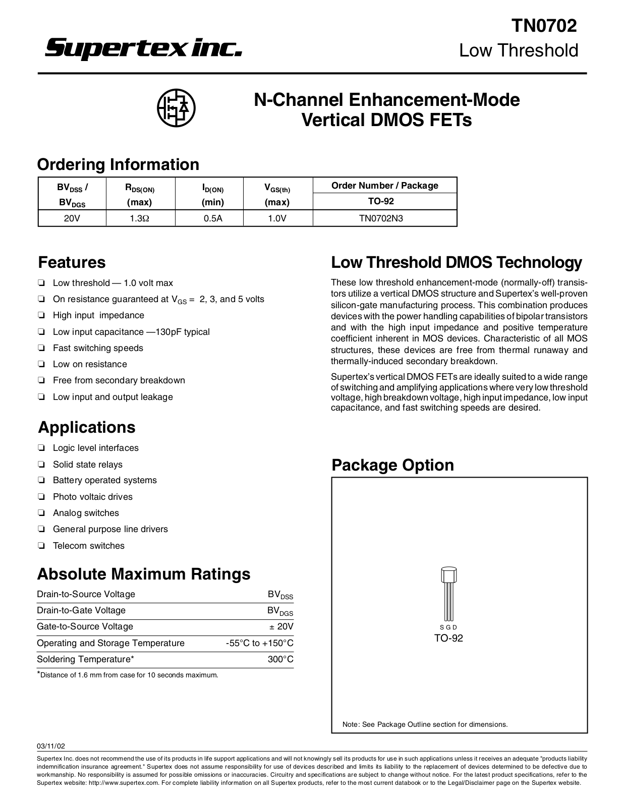 Datasheet TN0702N3 Datasheet (Supertex) - ManualMachine.com
