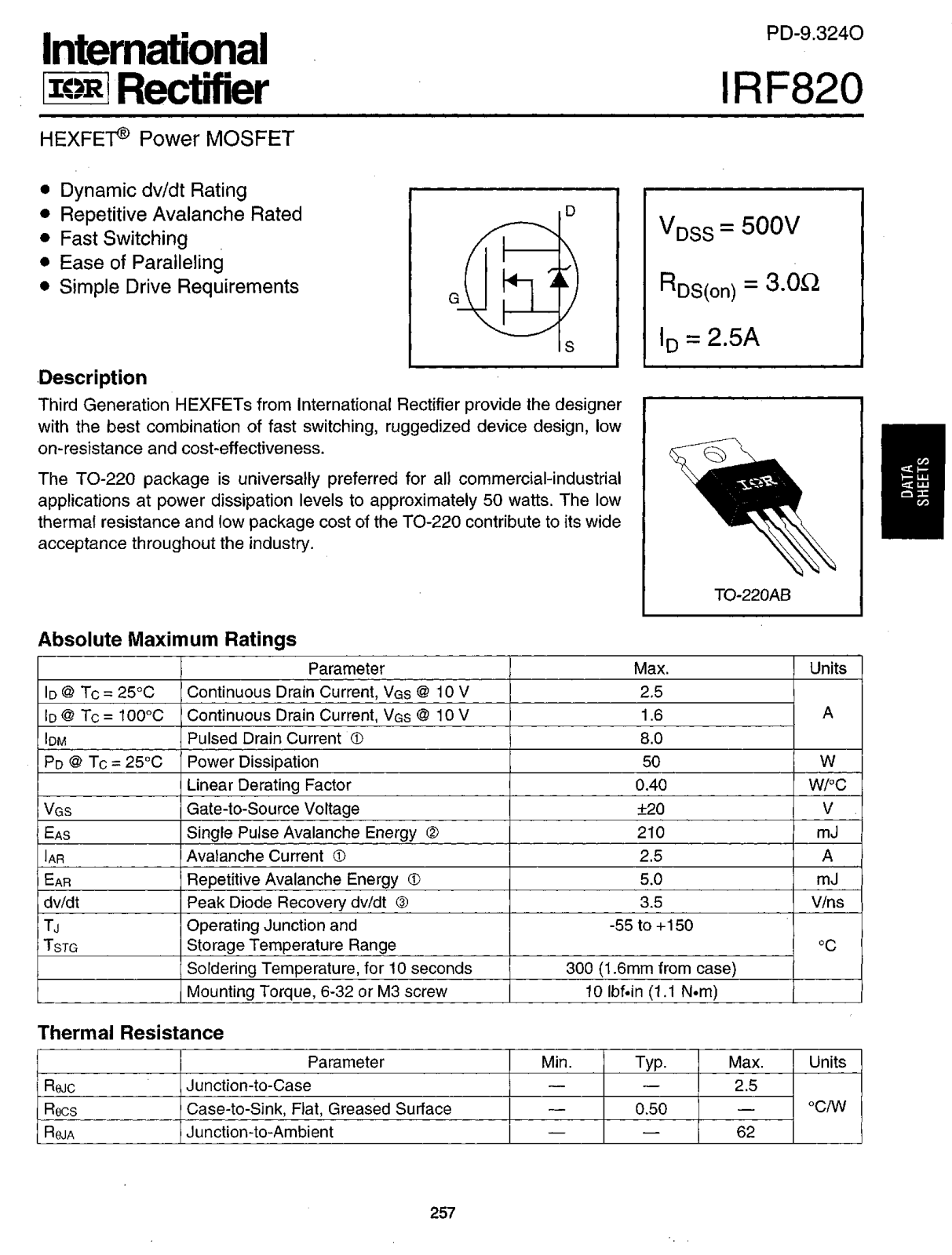 International Rectifier IRF820 Datasheet