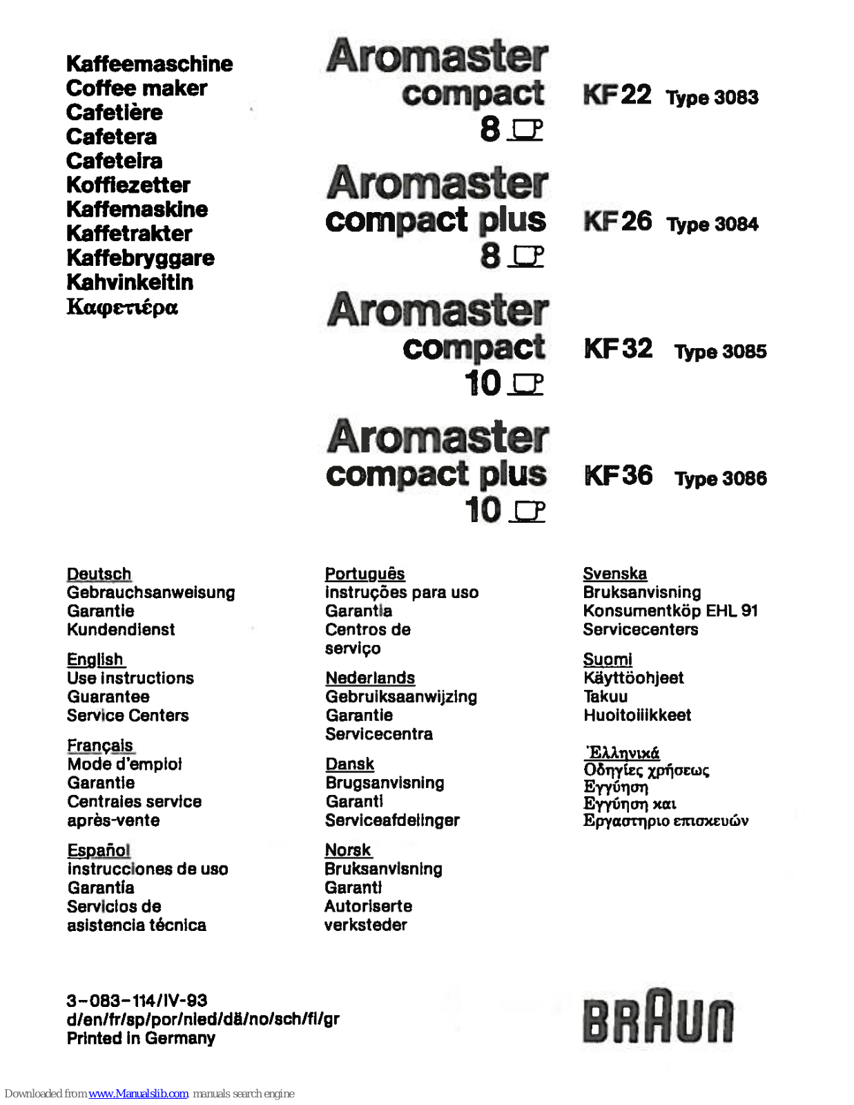 Braun KF22, KF26, KF32, KF36 User Instructions