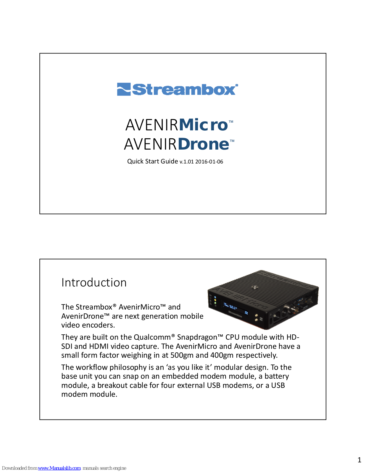 Streambox AVENIRMicro, AVENIRDrone Quick Start Manual - ManualMachine.com