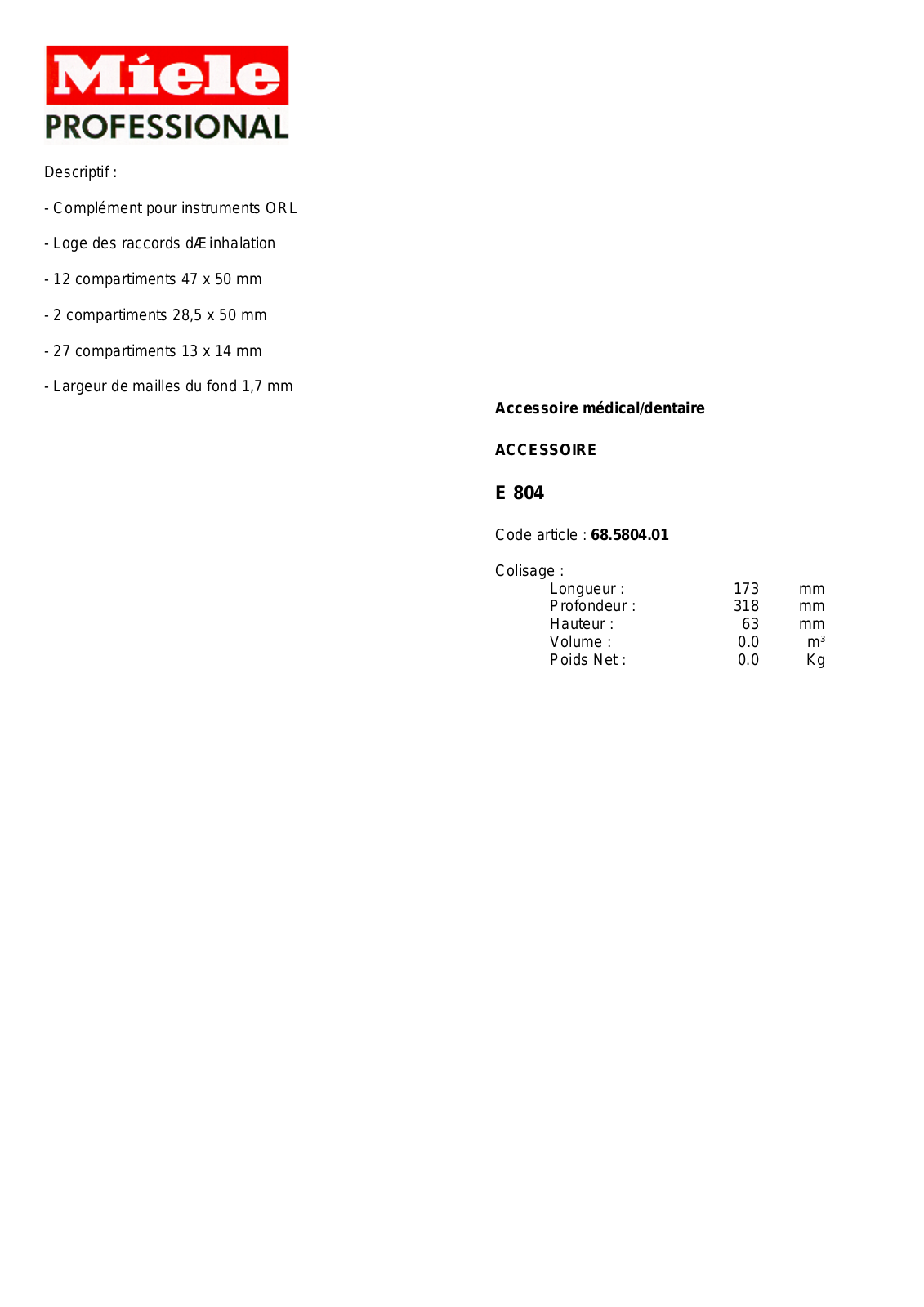 MIELE E 804 DESCRIPTIF User Manual