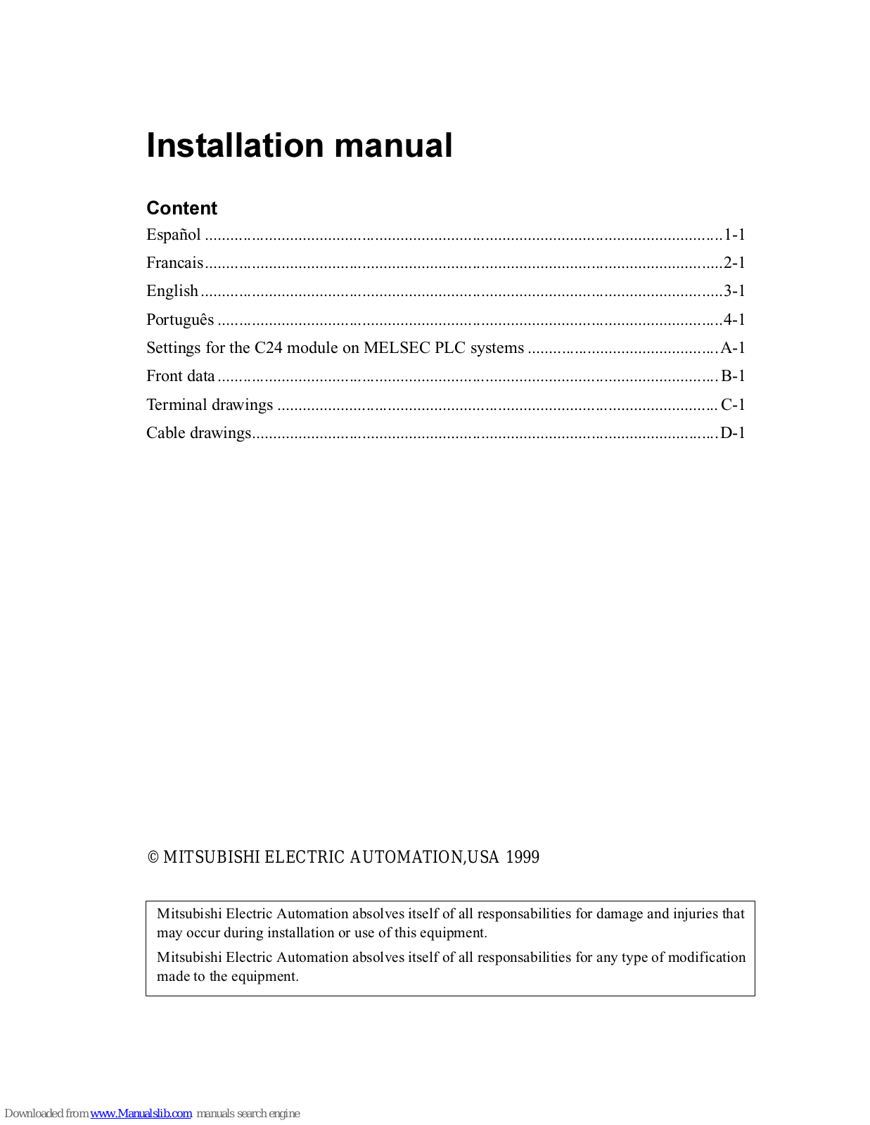 Mitsubishi Electric E900T, E900VT, E910T, E900, E910 Installation Manual