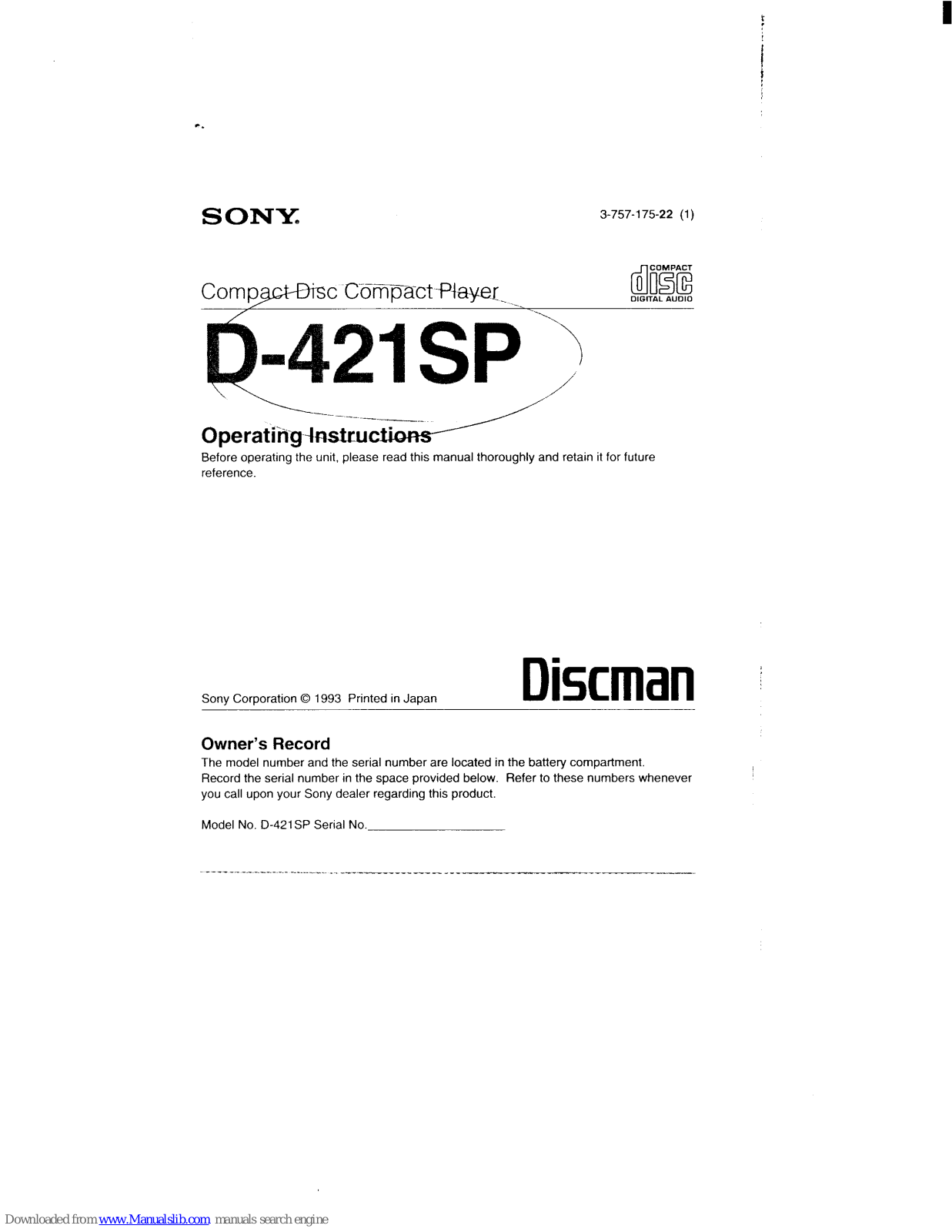 Sony Discman D-421SP Operating Instructions Manual