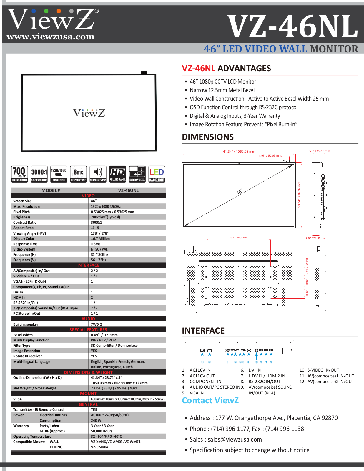 ViewZ VZ-46NL Specsheet