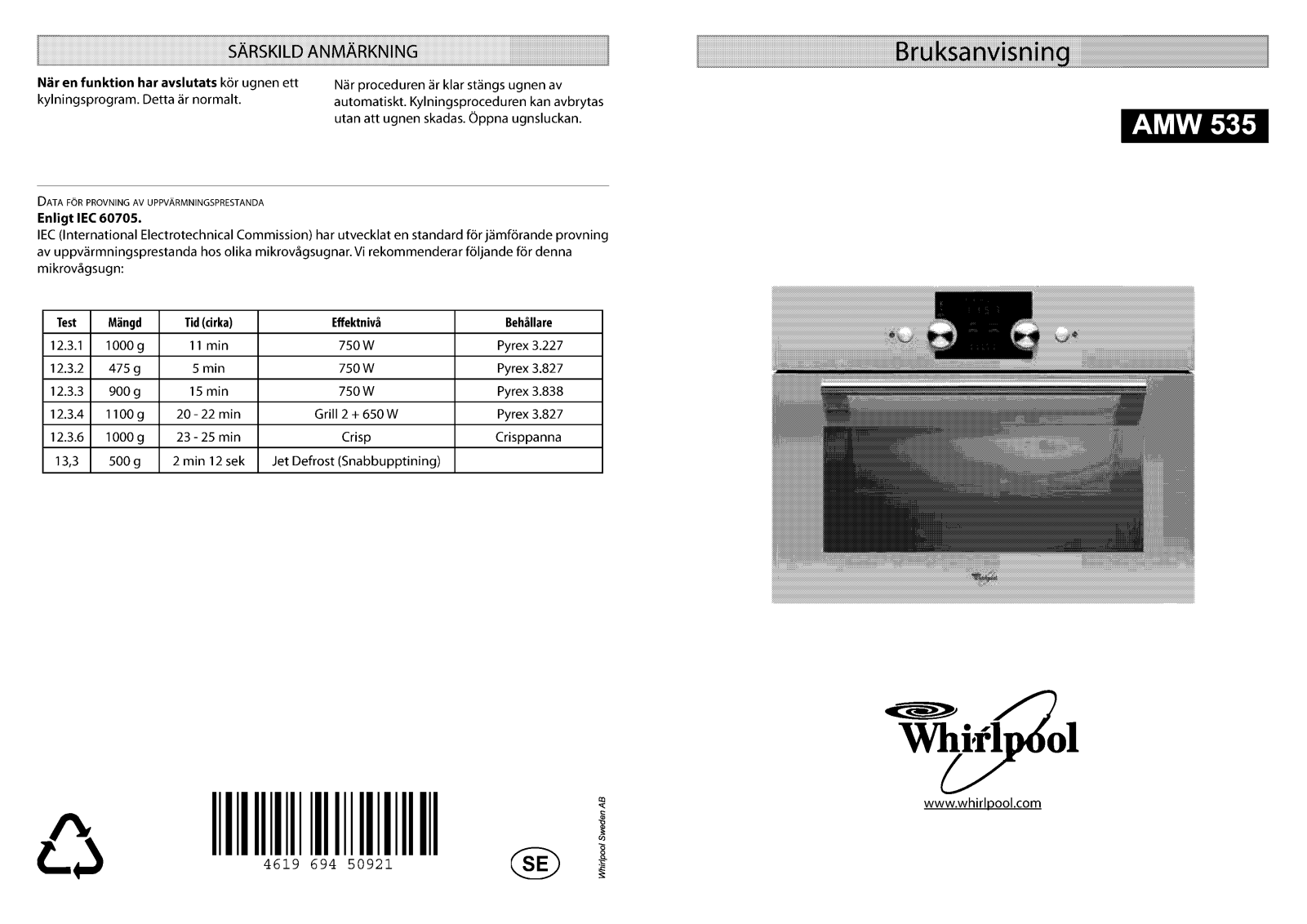 WHIRLPOOL AMW 535 IX User Manual