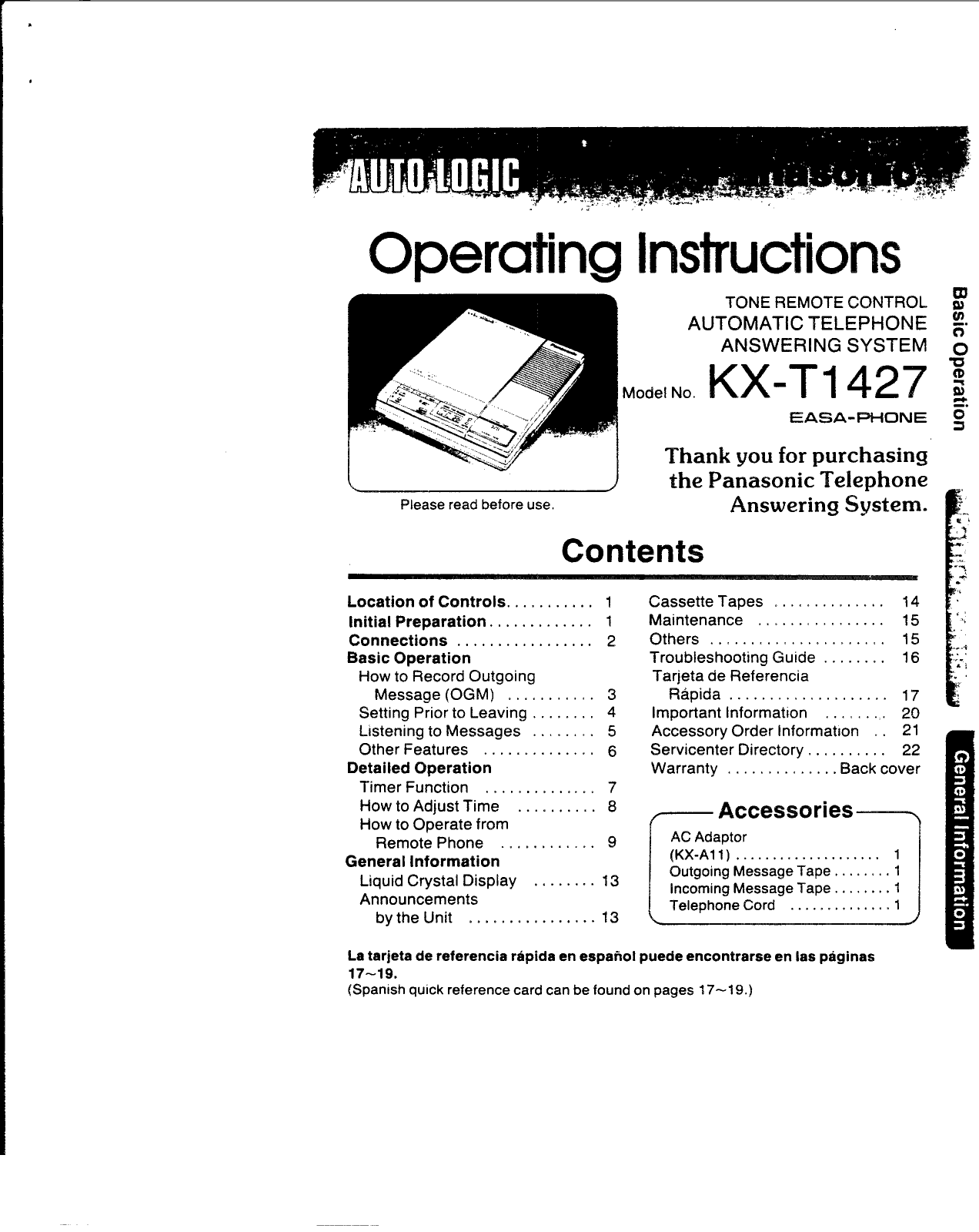 Panasonic kx-t1427 Operation Manual