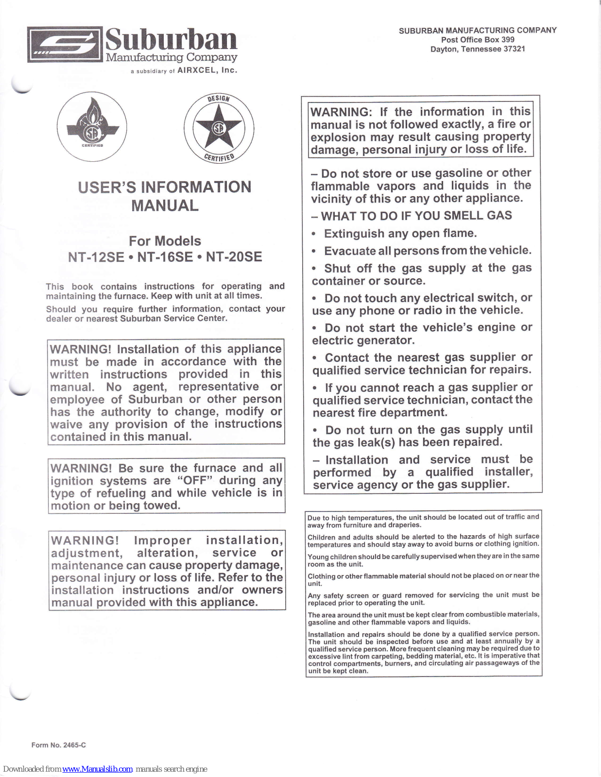 Suburban NT.12SE, NT.2OSE, NT.16SE User's Information Manual - ManualMachine.com