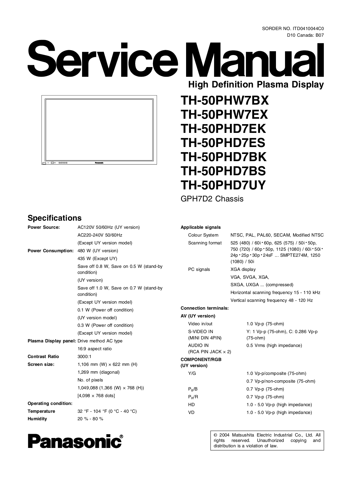 Panasonic TH-50PHW7, TH-50PHD7, TH-50PHW7BX, TH-50PHW7EX, TH-50PHD7EK Service Manual