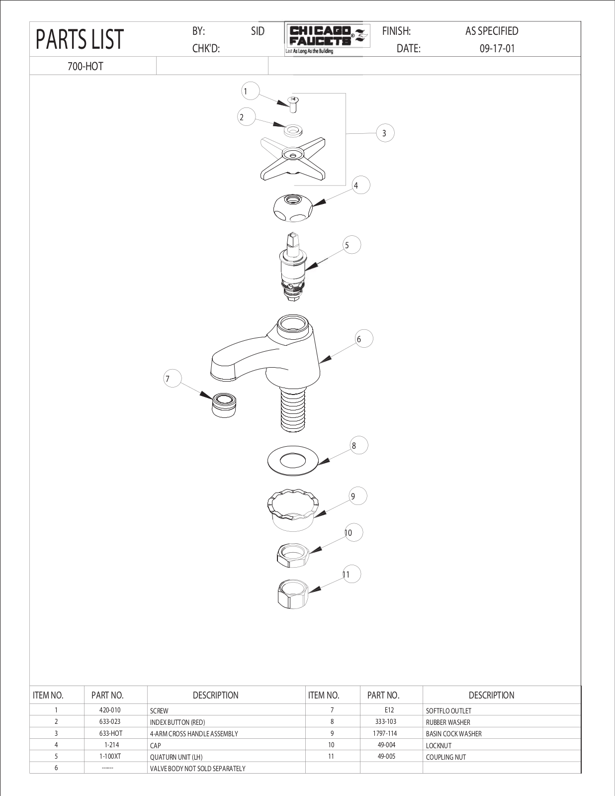 Chicago Faucet 700-HOTCP Parts List